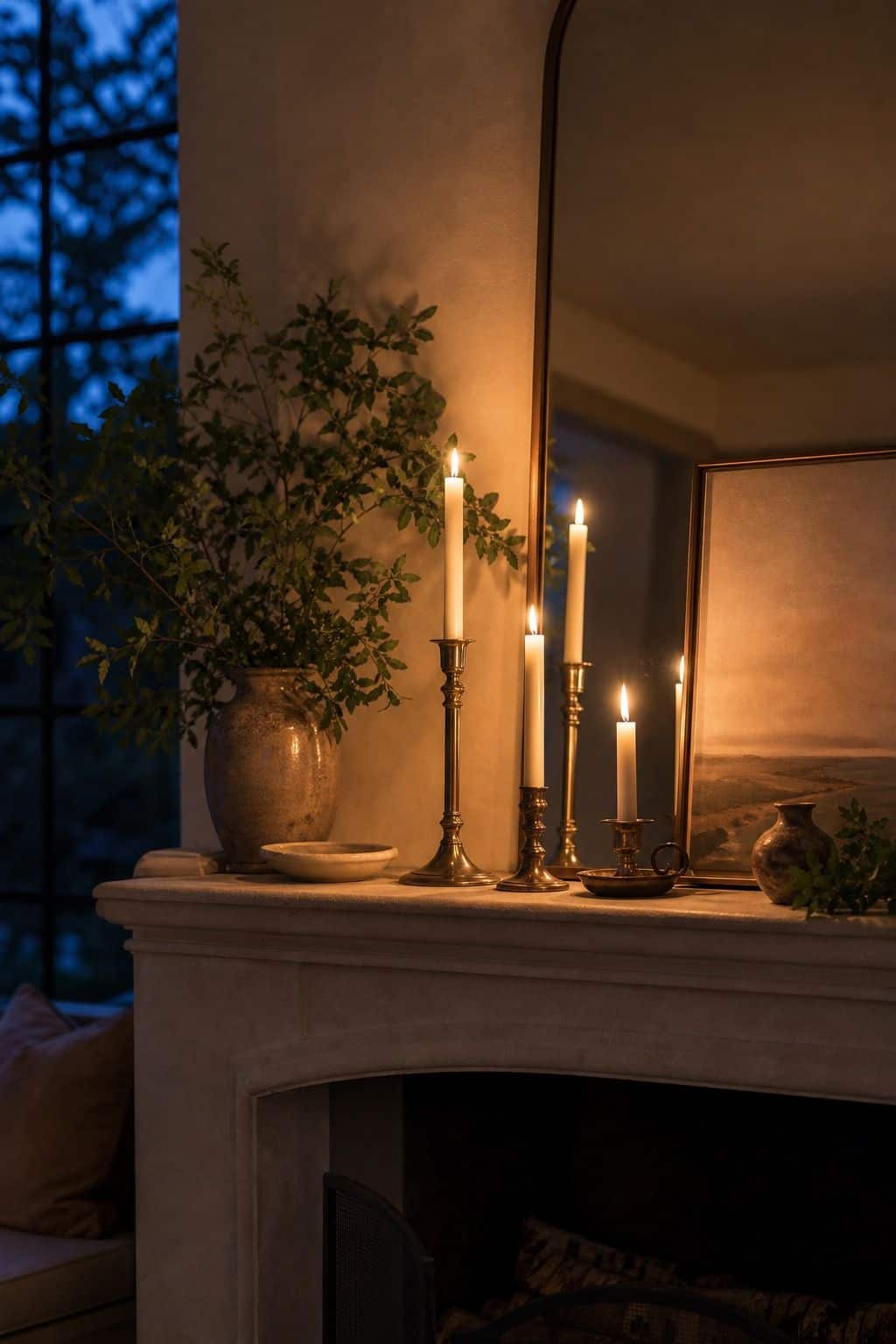 Evening Candle Glow shown as a realistic Pretty Wild World image for 16 Summer Mantel Decorating Ideas for a Light Collected Fireplace.