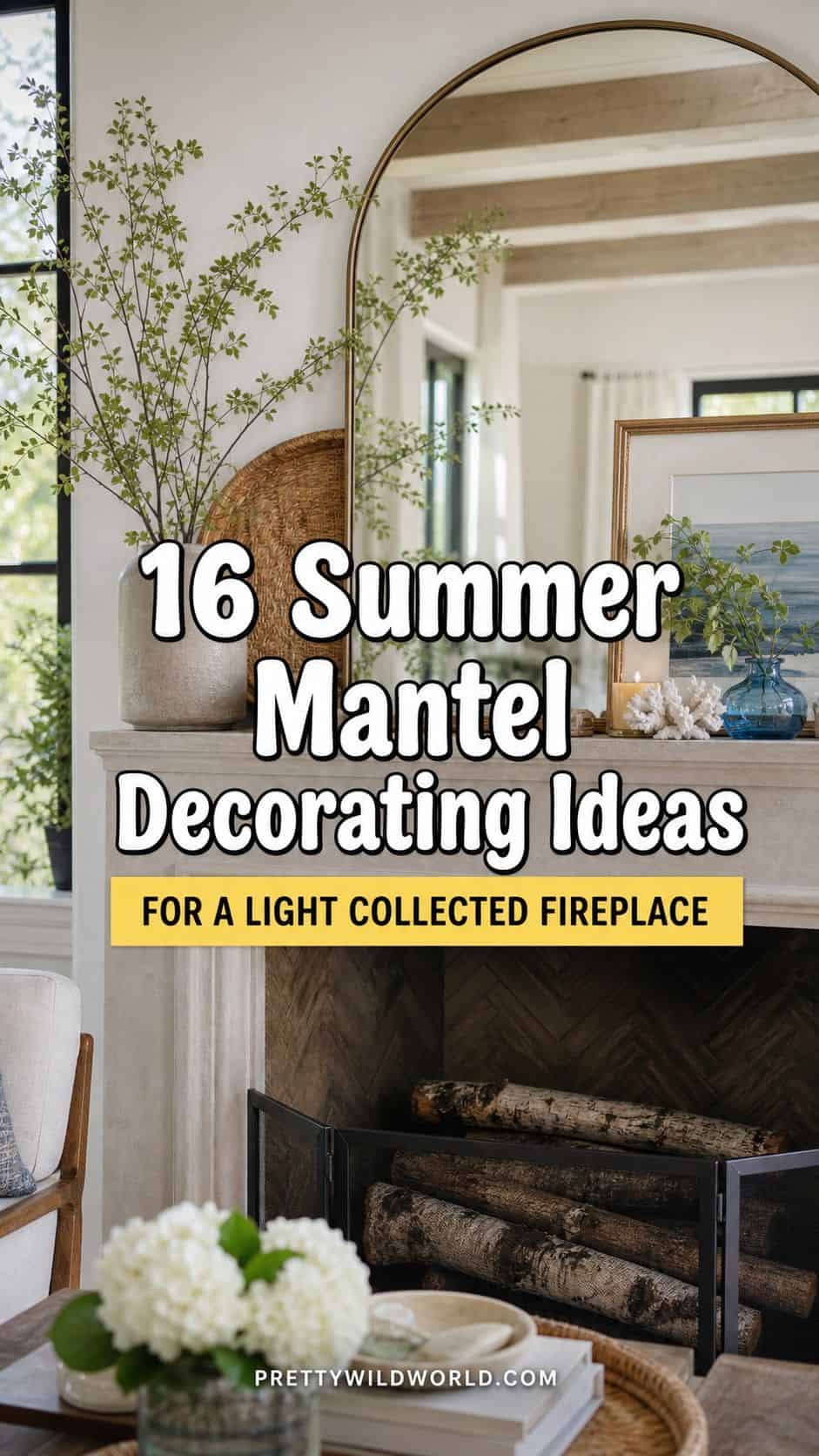 Pinterest pin for 16 Summer Mantel Decorating Ideas for a Light Collected Fireplace from Pretty Wild World.