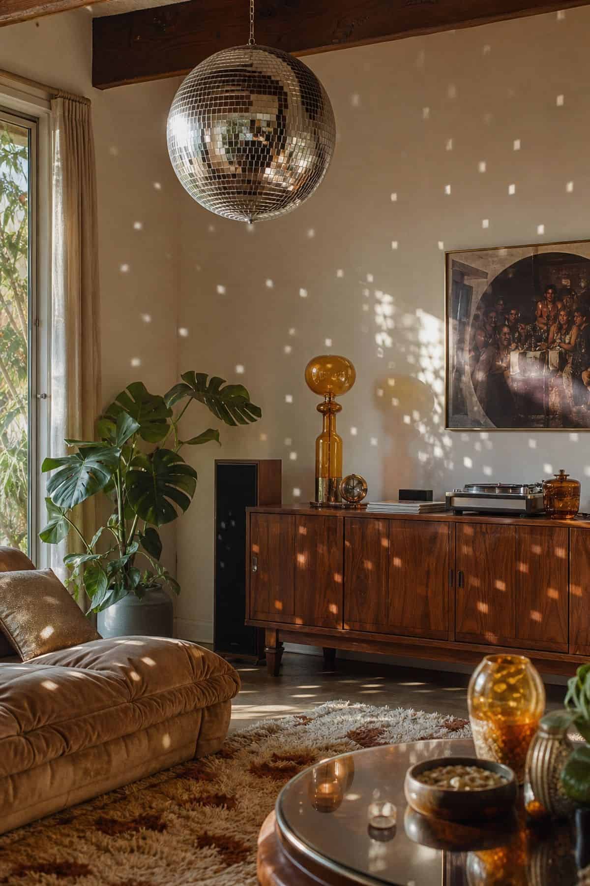 Disco Ball Glow shown as a realistic Pretty Wild World image for 15 70s Party Decor Ideas for a Groovy Grown-Up Celebration.