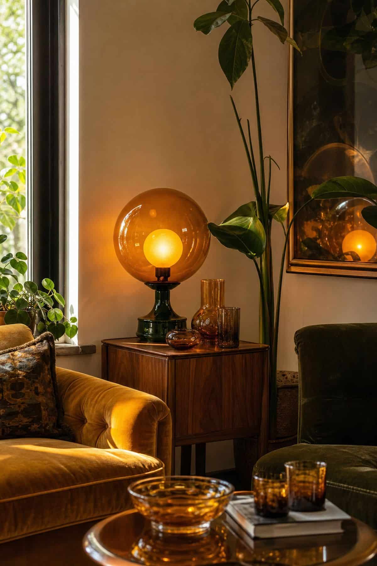 Amber Lamp Corners shown as a realistic Pretty Wild World image for 15 70s Party Decor Ideas for a Groovy Grown-Up Celebration.