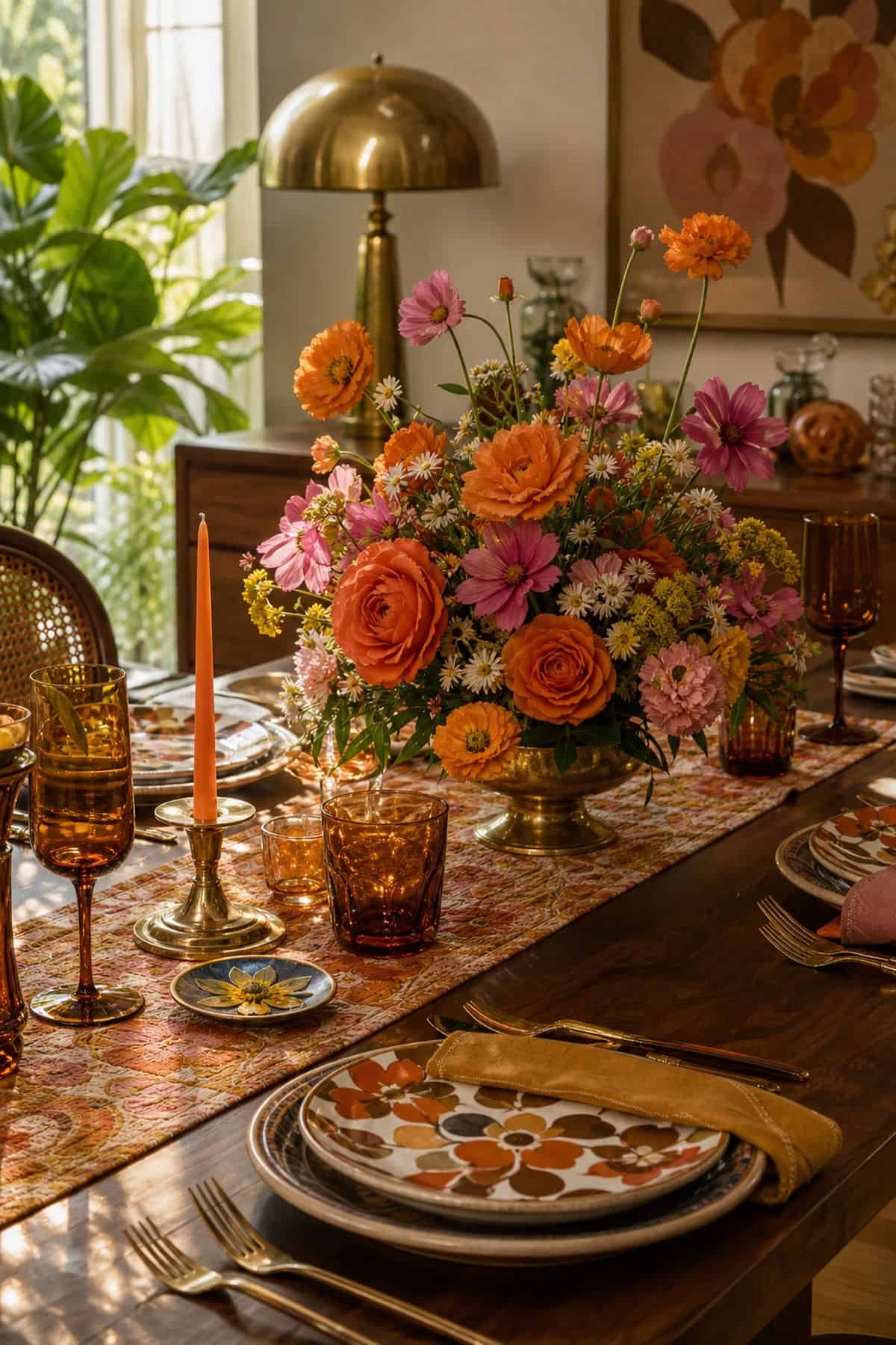 Flower Power Table shown as a realistic Pretty Wild World image for 15 70s Party Decor Ideas for a Groovy Grown-Up Celebration.