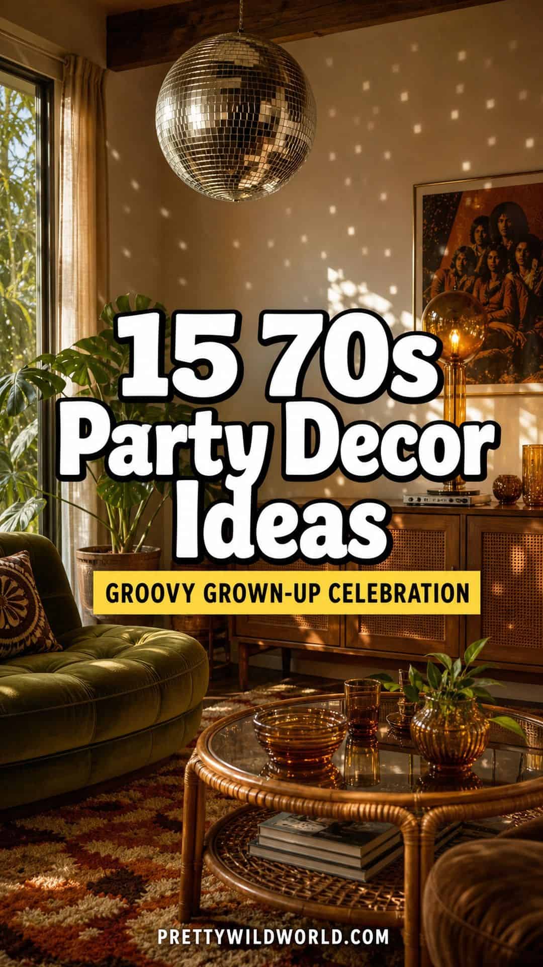 Pinterest pin for 15 70s Party Decor Ideas for a Groovy Grown-Up Celebration from Pretty Wild World.