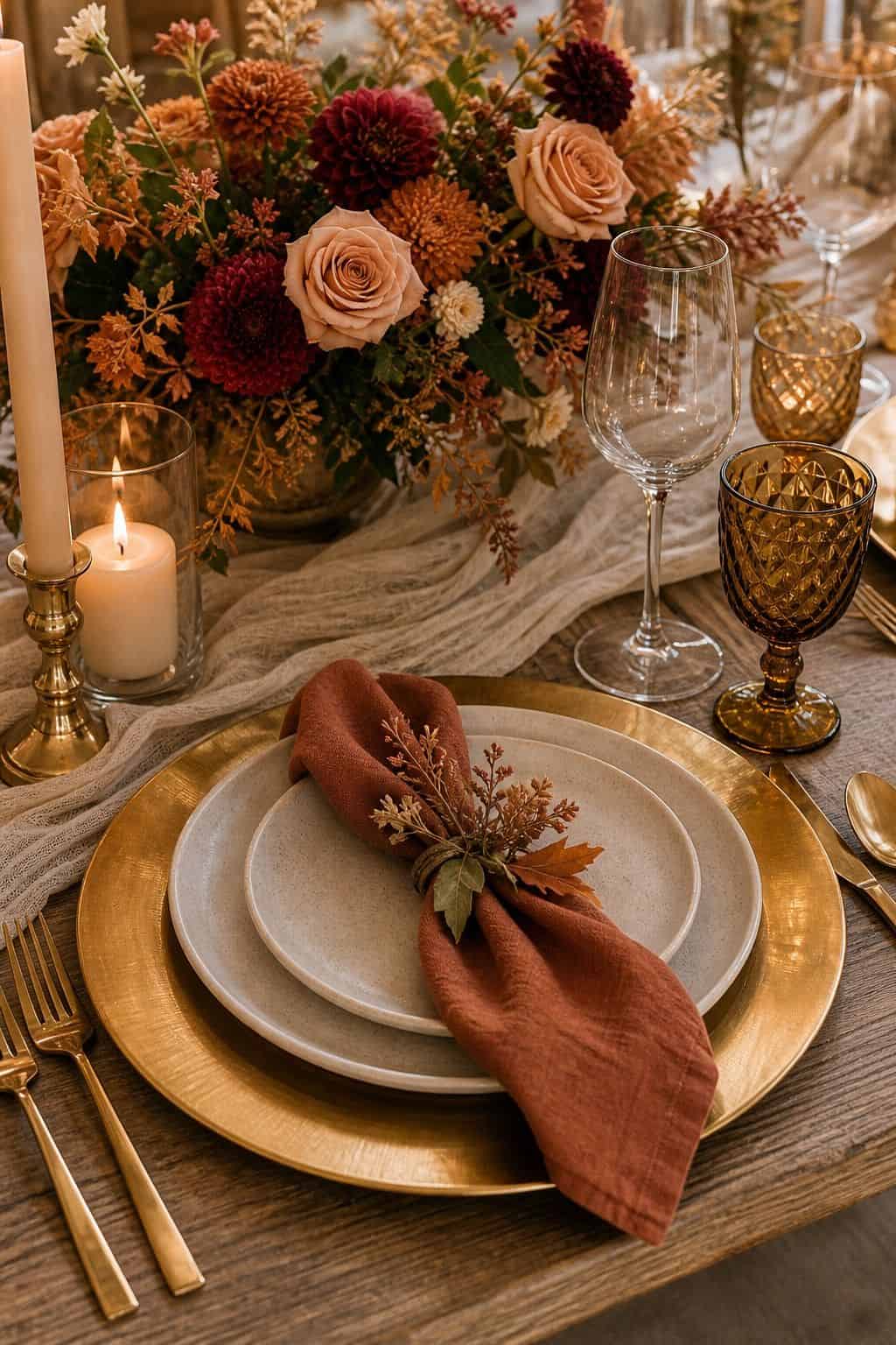 Gold Charger Plates shown as a realistic Pretty Wild World image for 20 Fall Wedding Table Decor Ideas for a Romantic Reception.