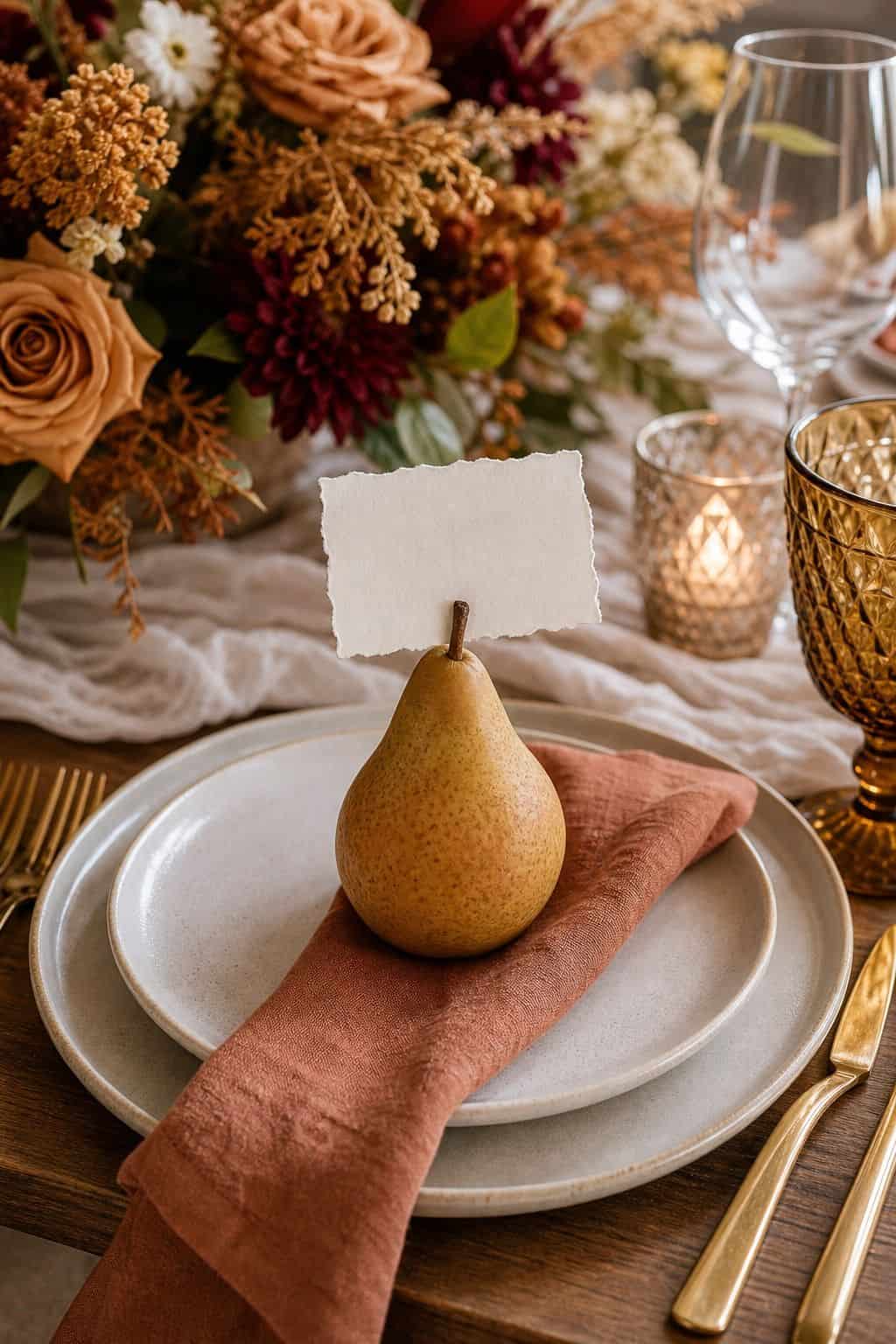 Pear Place Card Moment shown as a realistic Pretty Wild World image for 20 Fall Wedding Table Decor Ideas for a Romantic Reception.