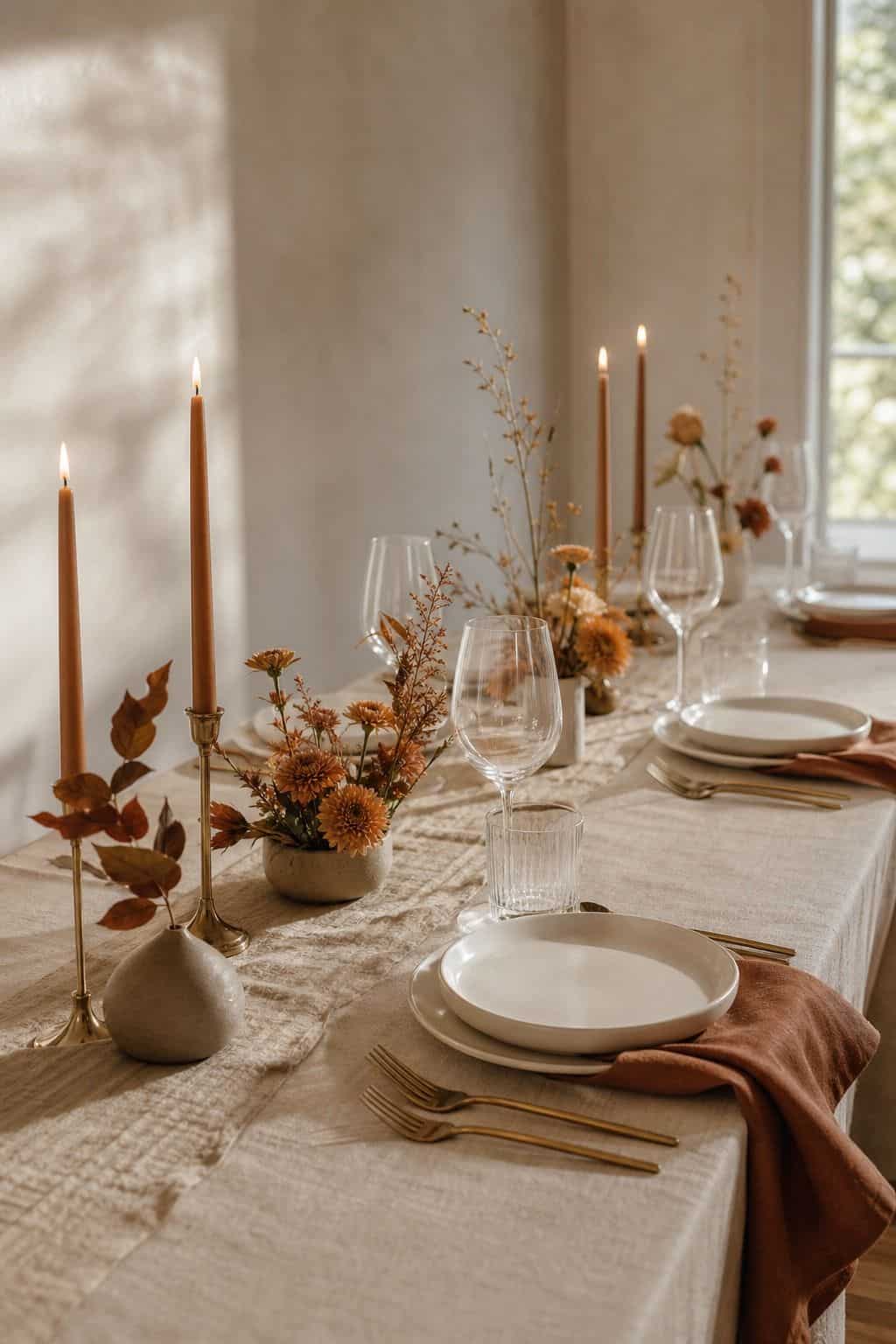 Minimal Modern Fall Table shown as a realistic Pretty Wild World image for 20 Fall Wedding Table Decor Ideas for a Romantic Reception.