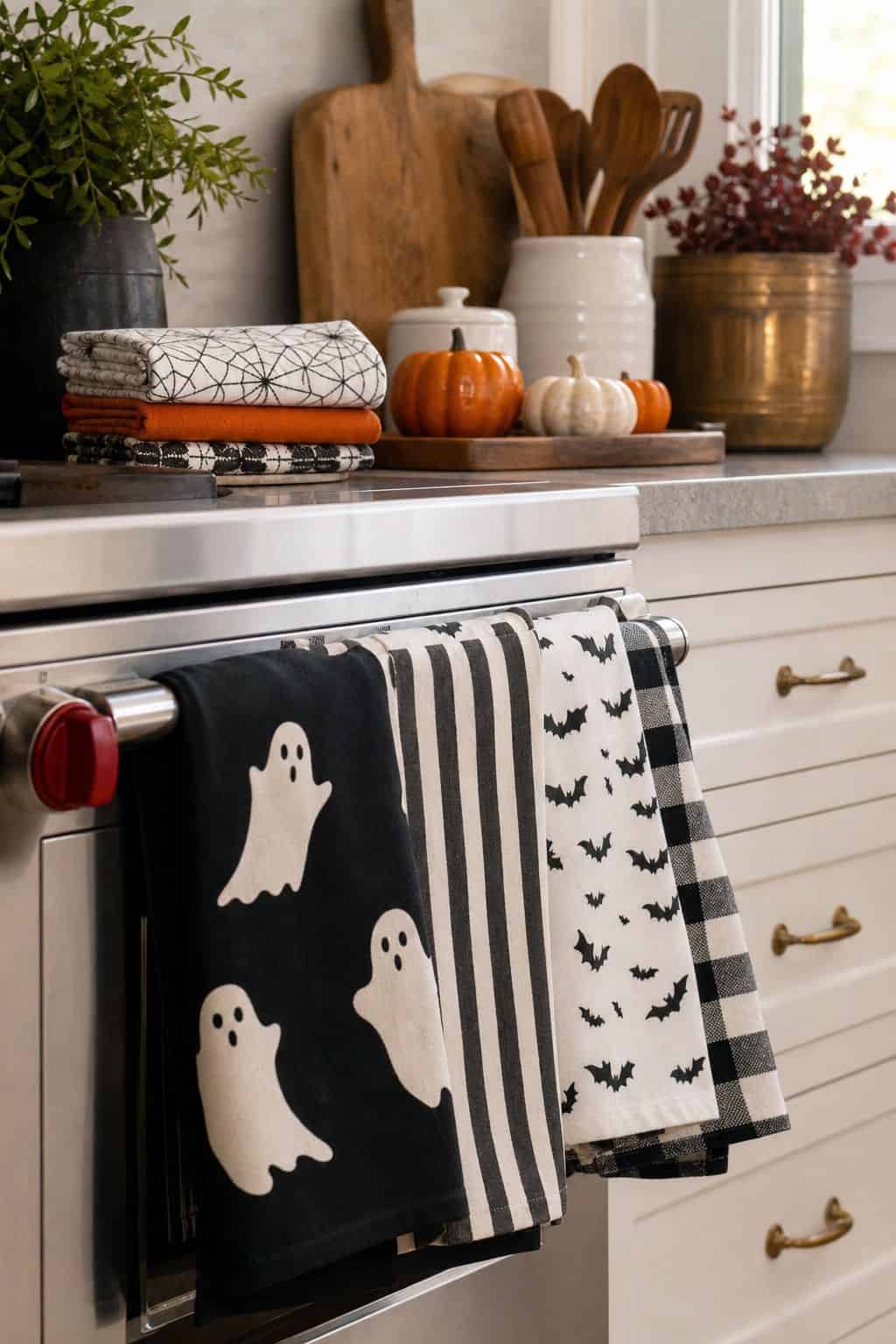 Halloween Kitchen Towels shown as a realistic Pretty Wild World image for 16 Halloween Kitchen Decor Ideas for a Festive Functional Space.