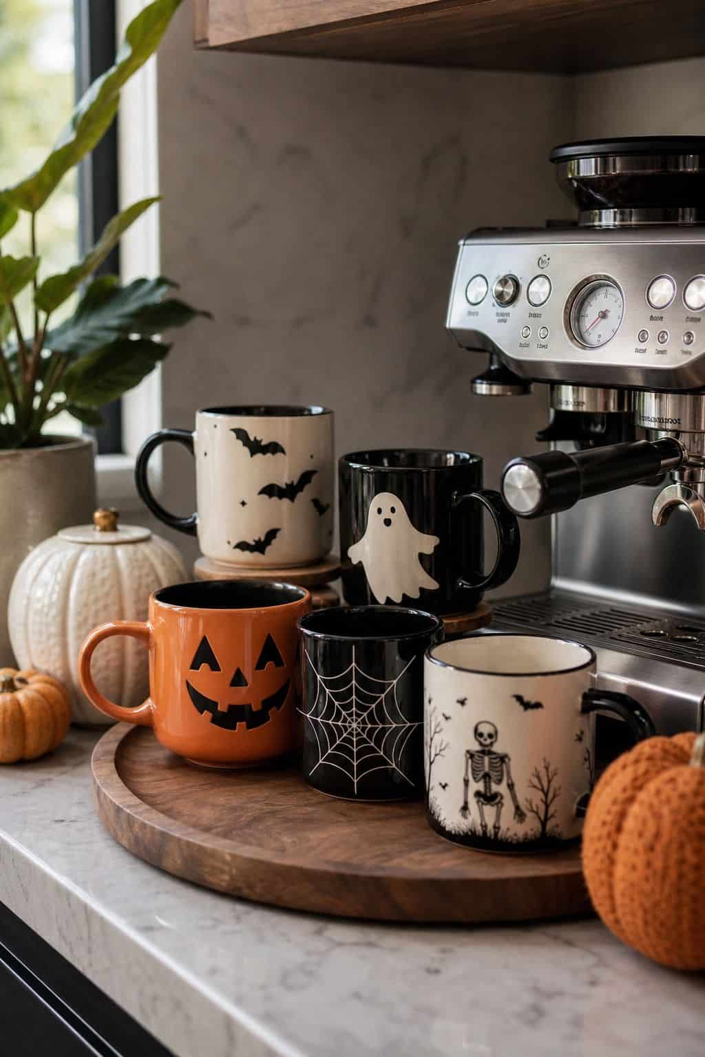 Mug Display by the Coffee Maker shown as a realistic Pretty Wild World image for 16 Halloween Kitchen Decor Ideas for a Festive Functional Space.