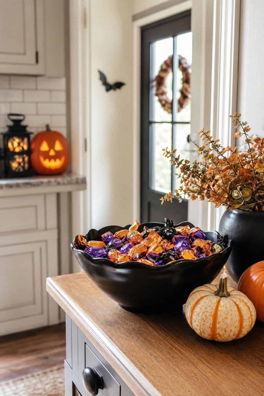 Candy Bowl Near the Door shown as a realistic Pretty Wild World image for 16 Halloween Kitchen Decor Ideas for a Festive Functional Space.