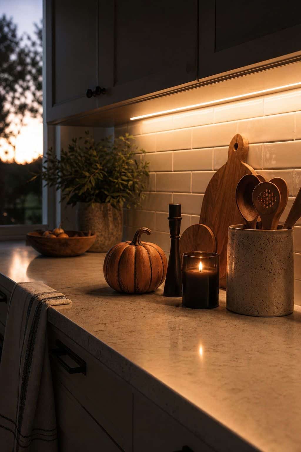 Warm Under-Cabinet Glow shown as a realistic Pretty Wild World image for 16 Halloween Kitchen Decor Ideas for a Festive Functional Space.