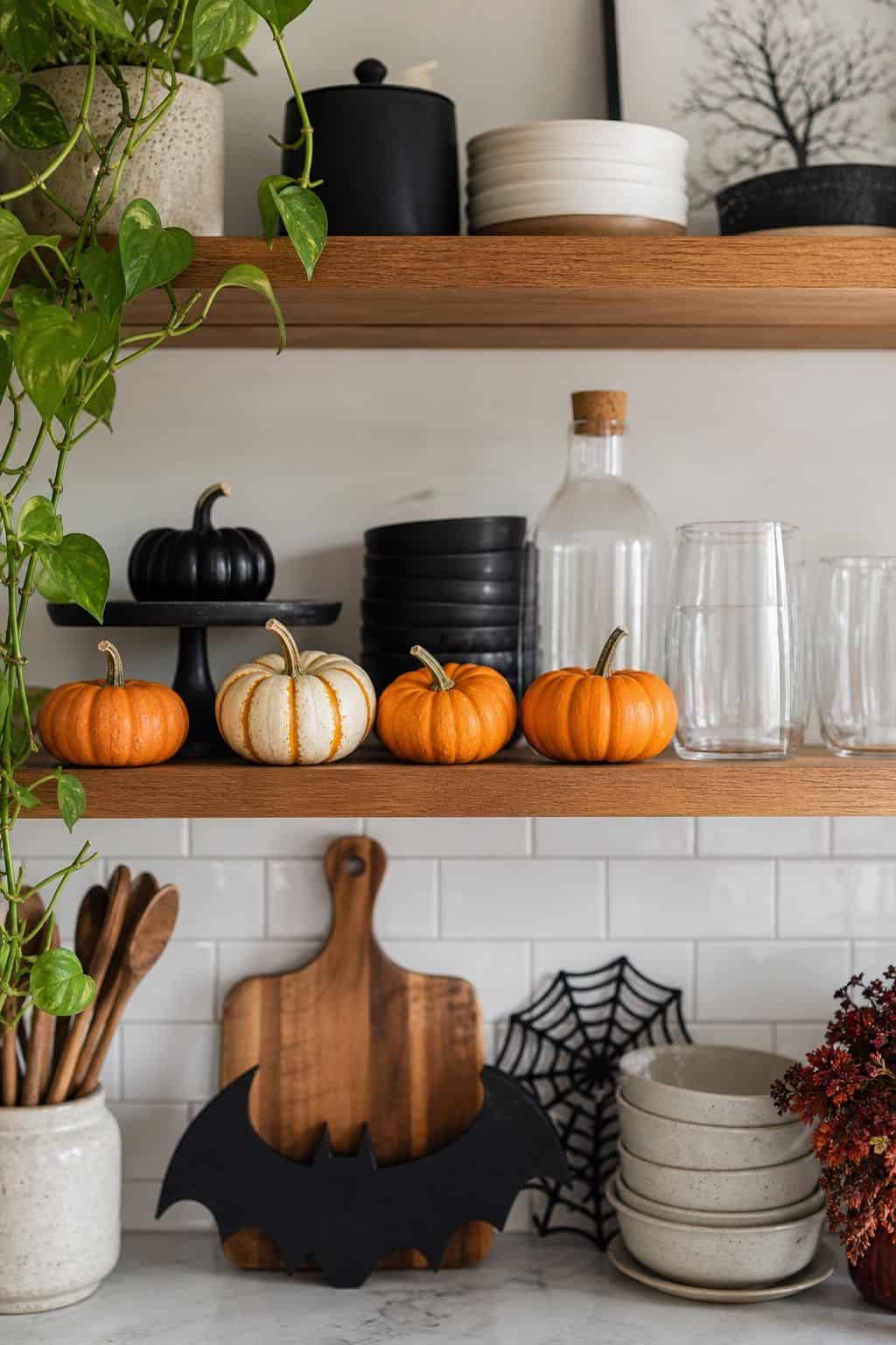 Mini Pumpkins on a Shelf shown as a realistic Pretty Wild World image for 16 Halloween Kitchen Decor Ideas for a Festive Functional Space.