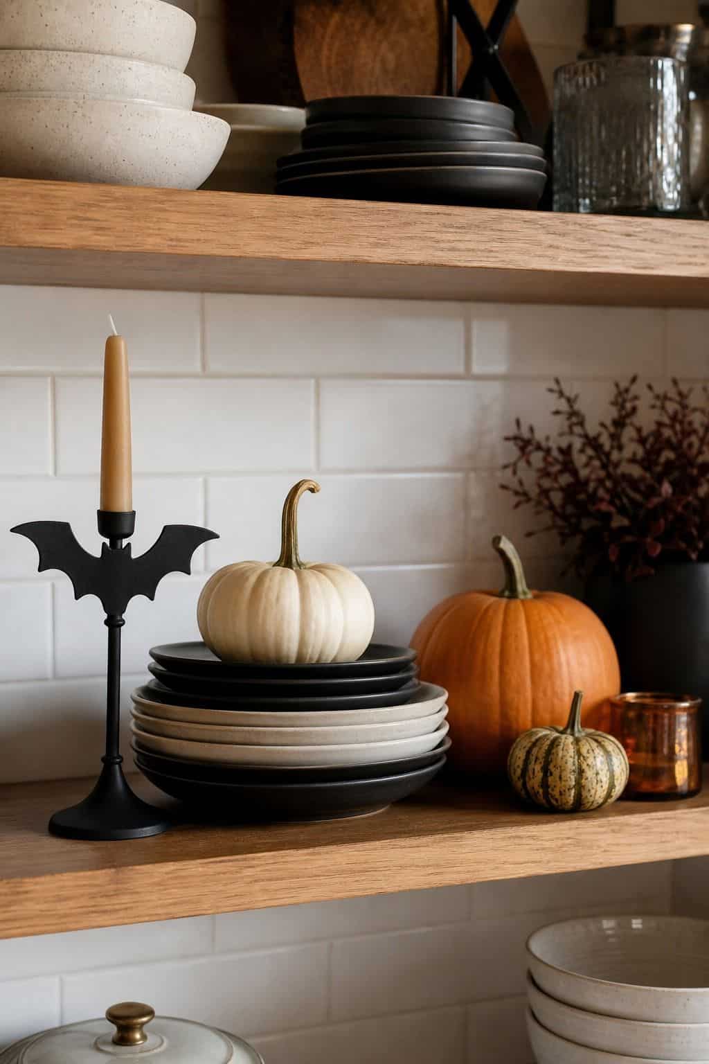 Open Shelf Mini Scene shown as a realistic Pretty Wild World image for 16 Halloween Kitchen Decor Ideas for a Festive Functional Space.