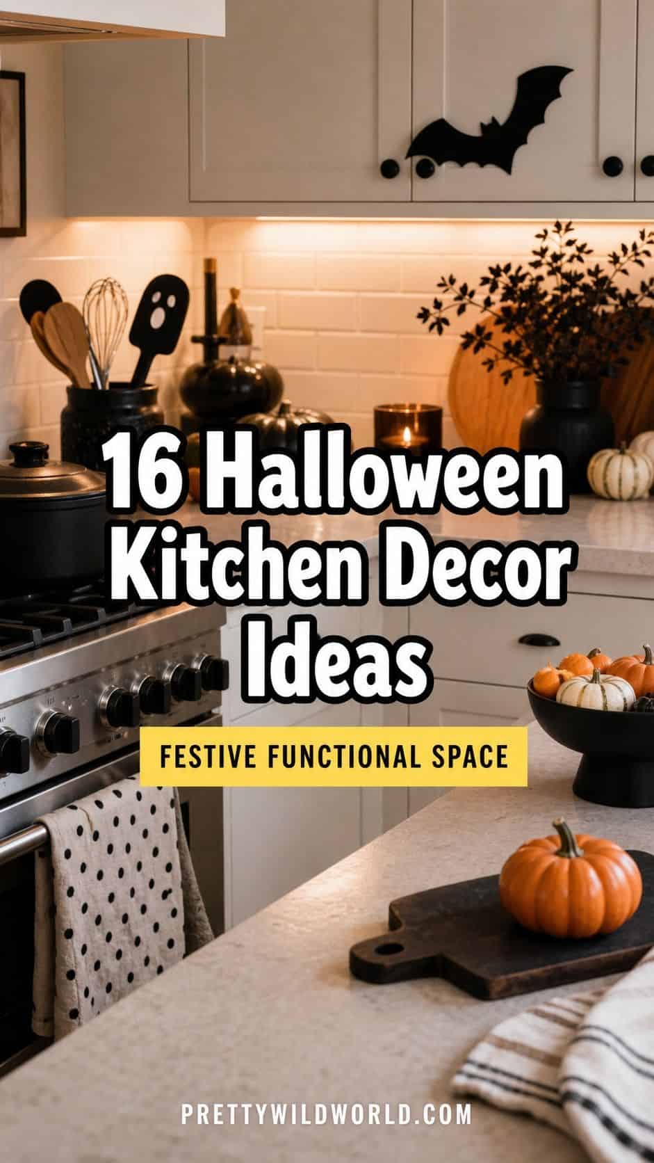 Pinterest pin for 16 Halloween Kitchen Decor Ideas for a Festive Functional Space from Pretty Wild World.