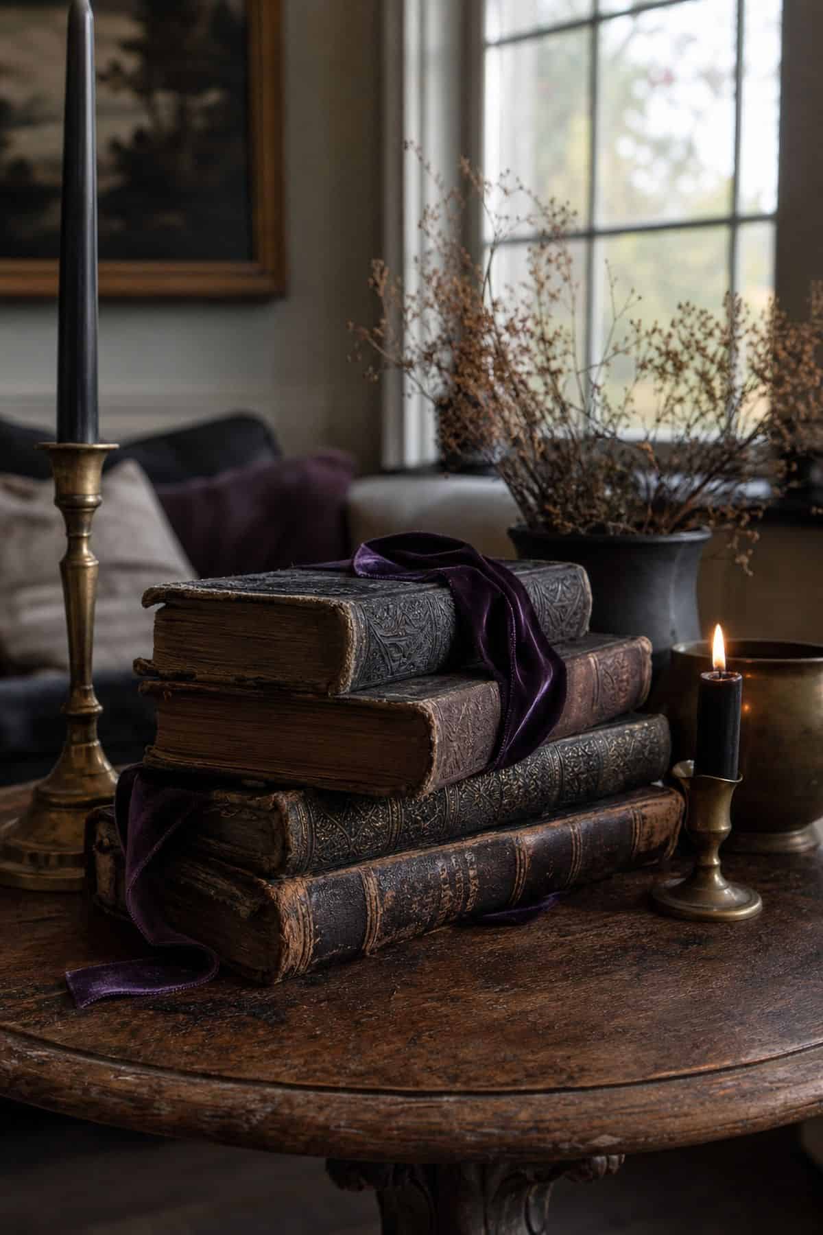 Spell Book Stack shown as a realistic Pretty Wild World image for 18 Hocus Pocus Halloween Decor Ideas for a Witchy Cozy Home.