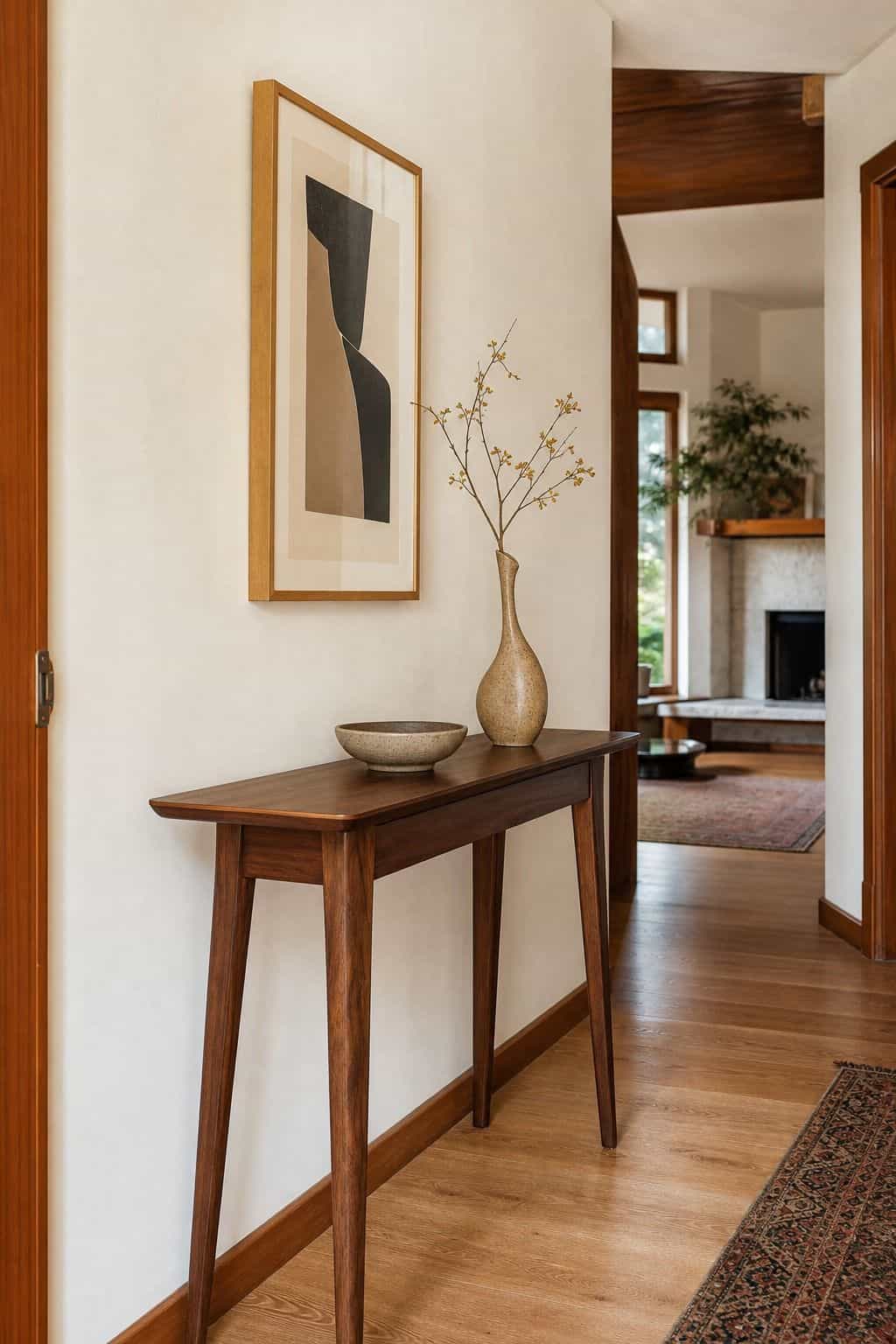 Slim Walnut Console shown as a realistic Pretty Wild World image for 15 Mid-Century Modern Hallway Ideas for a Warm Clean Passage.
