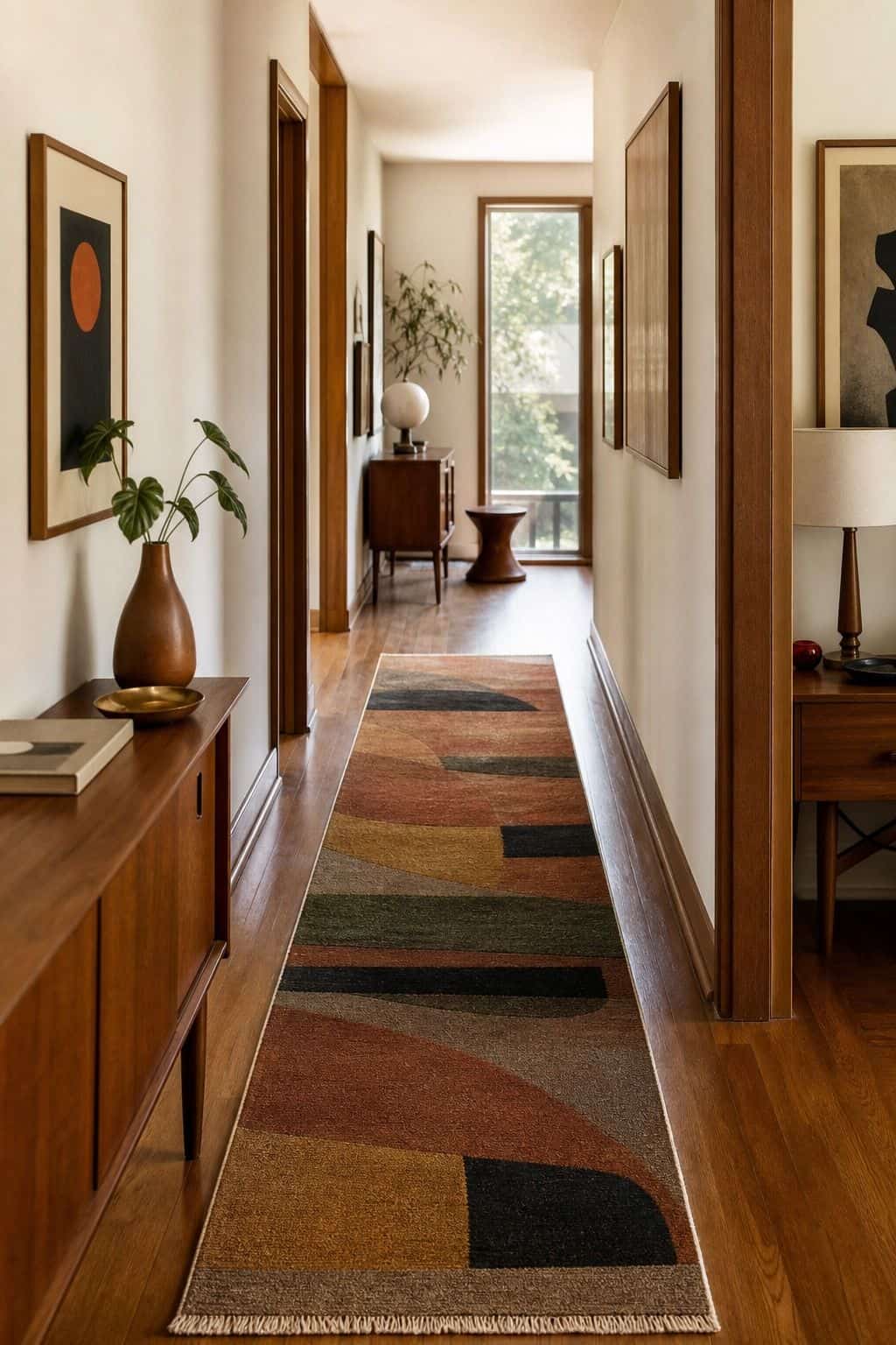 Warm Hallway Runner shown as a realistic Pretty Wild World image for 15 Mid-Century Modern Hallway Ideas for a Warm Clean Passage.