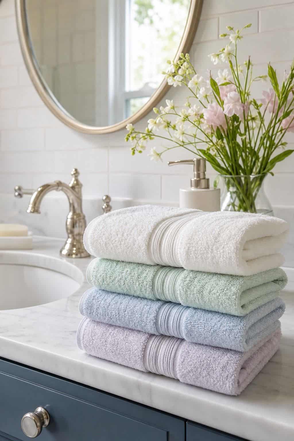Fresh Hand Towels shown as a realistic Pretty Wild World image for 15 Spring Bathroom Decor Ideas for a Fresh Spa-Like Reset.