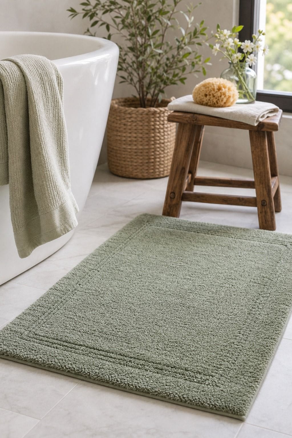 Sage Green Bath Mat shown as a realistic Pretty Wild World image for 15 Spring Bathroom Decor Ideas for a Fresh Spa-Like Reset.