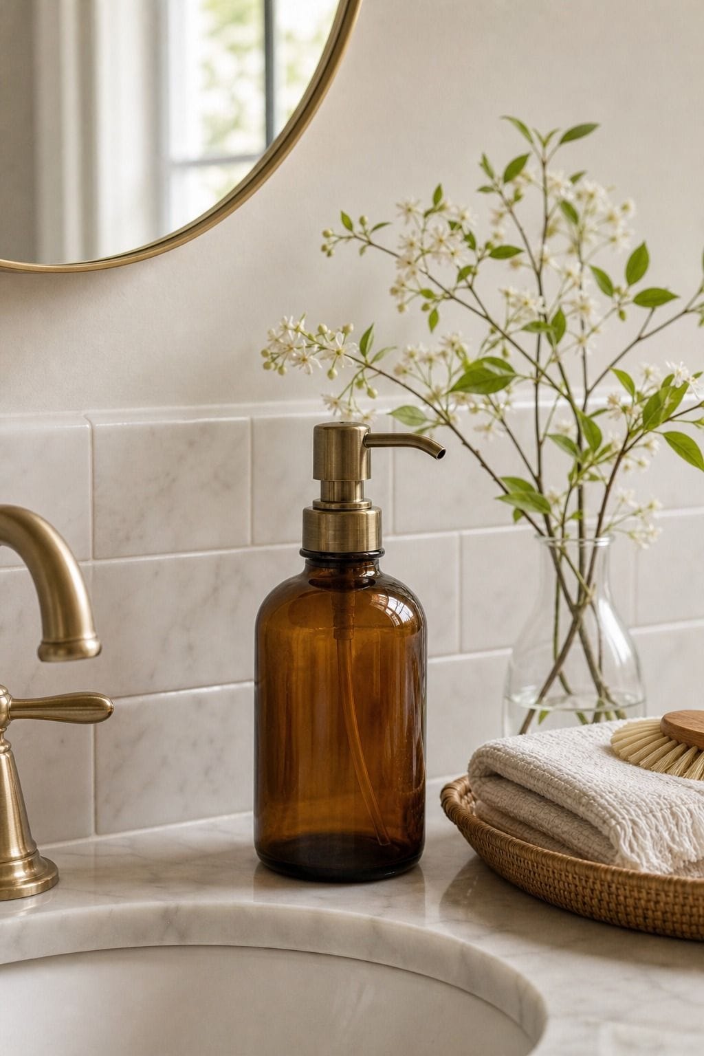 Amber Soap Dispenser shown as a realistic Pretty Wild World image for 15 Spring Bathroom Decor Ideas for a Fresh Spa-Like Reset.