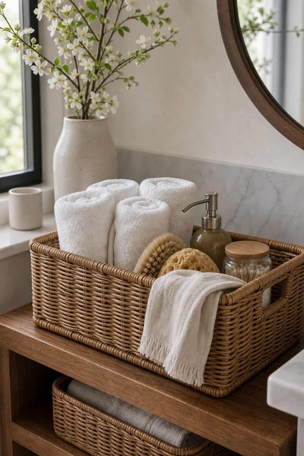 Rattan Storage Basket shown as a realistic Pretty Wild World image for 15 Spring Bathroom Decor Ideas for a Fresh Spa-Like Reset.