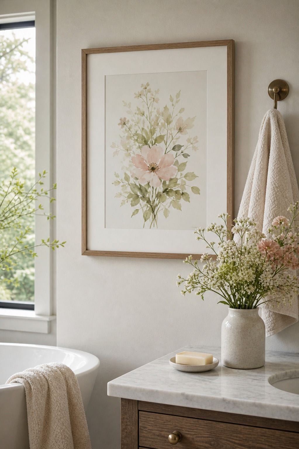 Soft Floral Art shown as a realistic Pretty Wild World image for 15 Spring Bathroom Decor Ideas for a Fresh Spa-Like Reset.