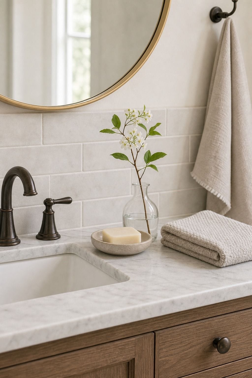 Countertop Declutter shown as a realistic Pretty Wild World image for 15 Spring Bathroom Decor Ideas for a Fresh Spa-Like Reset.