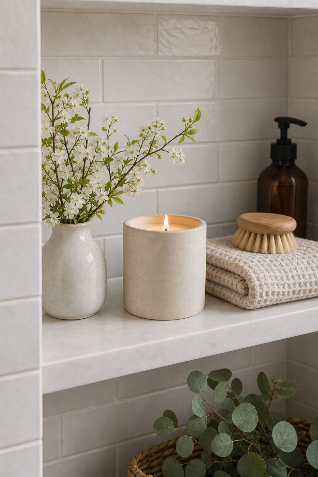 Spring Candle on a Shelf shown as a realistic Pretty Wild World image for 15 Spring Bathroom Decor Ideas for a Fresh Spa-Like Reset.