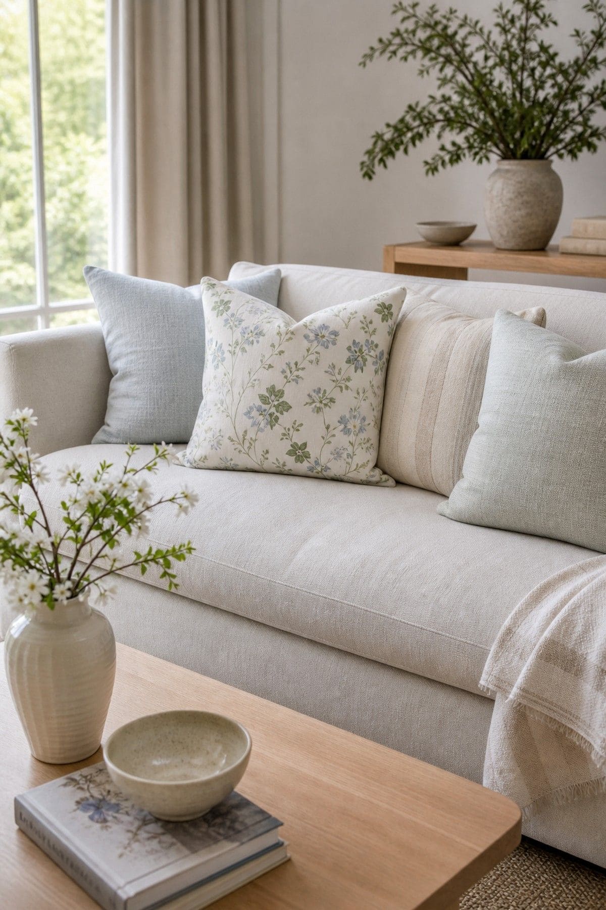Light Pillow Swap shown as a realistic Pretty Wild World image for 15 Spring Living Room Decor Ideas for a Bright Airy Home.