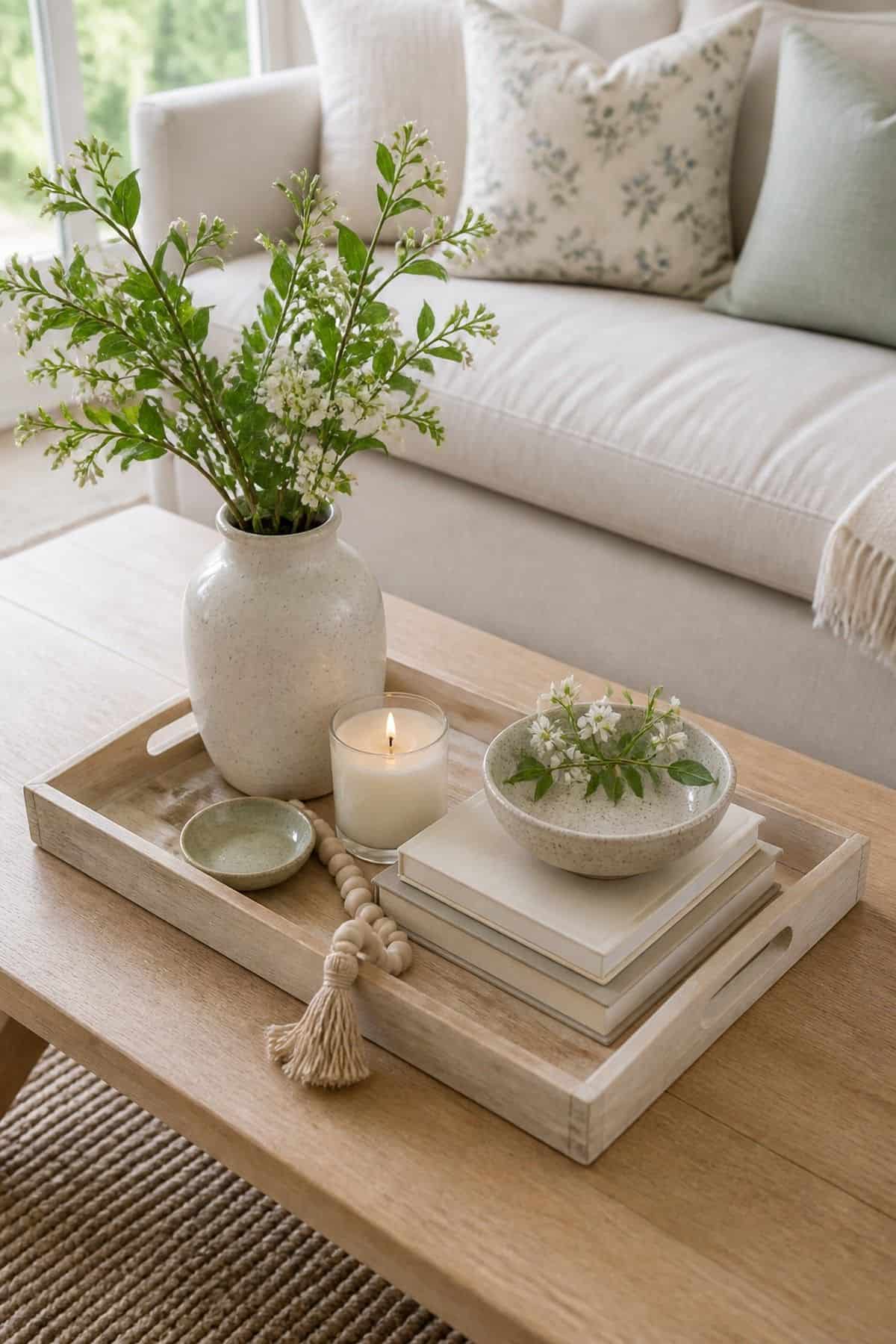 Coffee Table Tray shown as a realistic Pretty Wild World image for 15 Spring Living Room Decor Ideas for a Bright Airy Home.