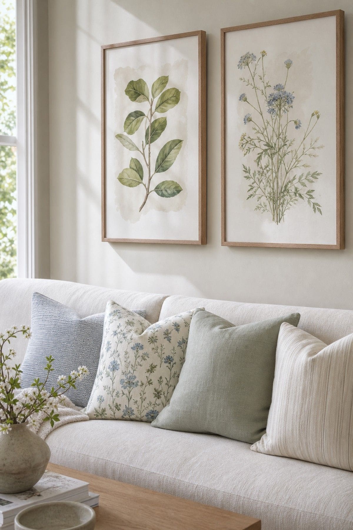 Botanical Art shown as a realistic Pretty Wild World image for 15 Spring Living Room Decor Ideas for a Bright Airy Home.