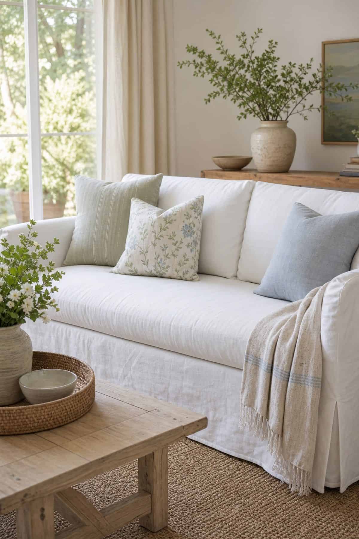 Fresh Slipcover Look shown as a realistic Pretty Wild World image for 15 Spring Living Room Decor Ideas for a Bright Airy Home.