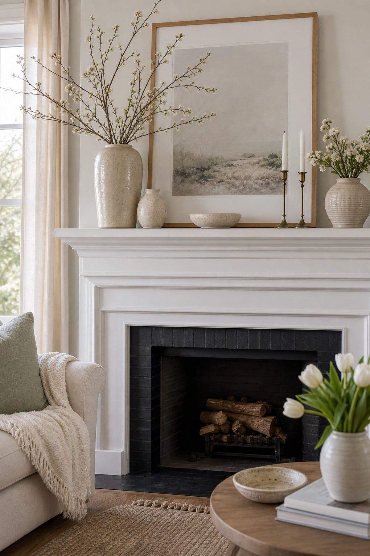 Spring Mantel shown as a realistic Pretty Wild World image for 15 Spring Living Room Decor Ideas for a Bright Airy Home.