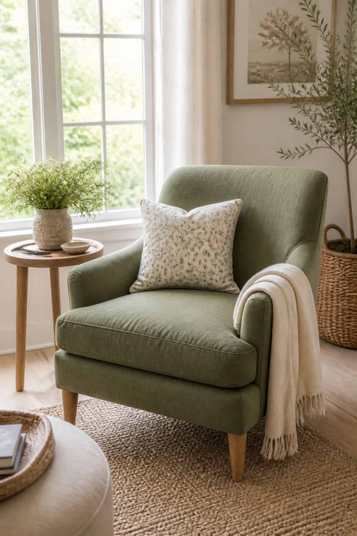 Green Accent Chair shown as a realistic Pretty Wild World image for 15 Spring Living Room Decor Ideas for a Bright Airy Home.