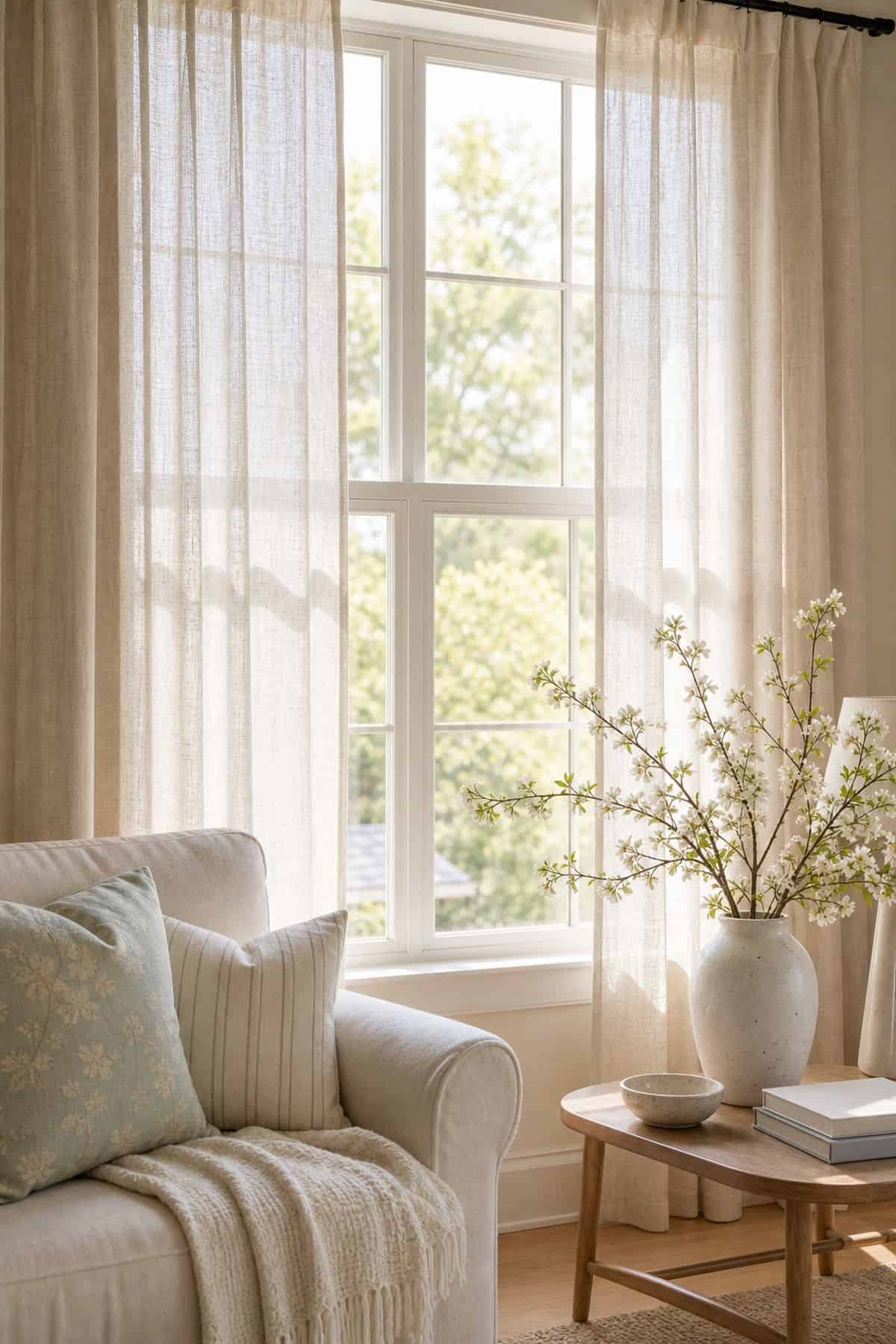 Window Treatment Reset shown as a realistic Pretty Wild World image for 15 Spring Living Room Decor Ideas for a Bright Airy Home.