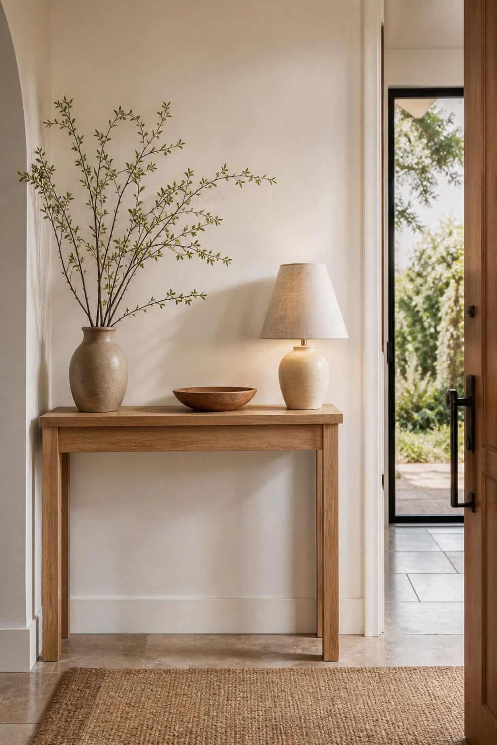 Slim Wood Console shown as a realistic Pretty Wild World image for 16 Zen Home Entrance Decor Ideas for a Calm First Impression.