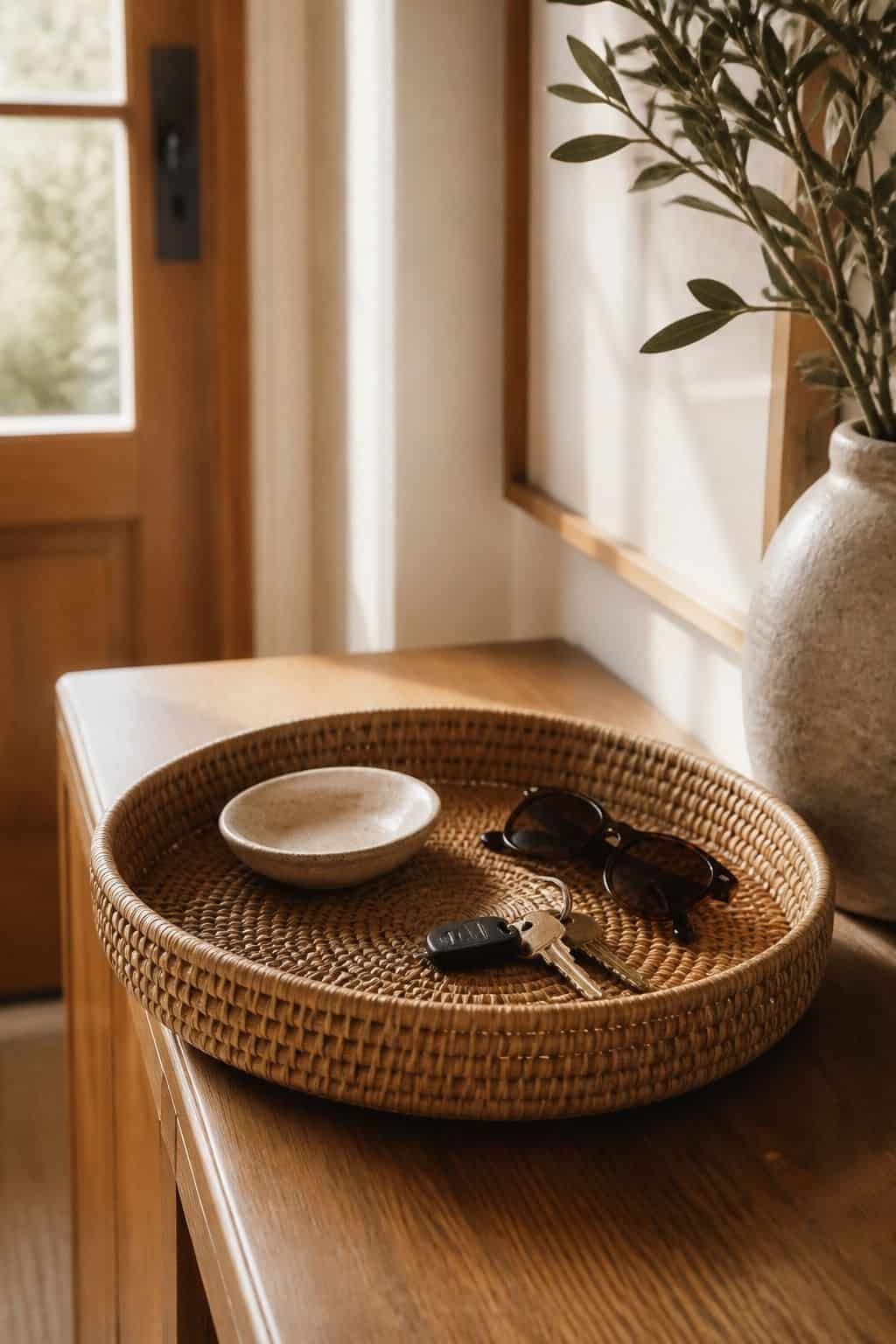Rattan Catchall Tray shown as a realistic Pretty Wild World image for 16 Zen Home Entrance Decor Ideas for a Calm First Impression.