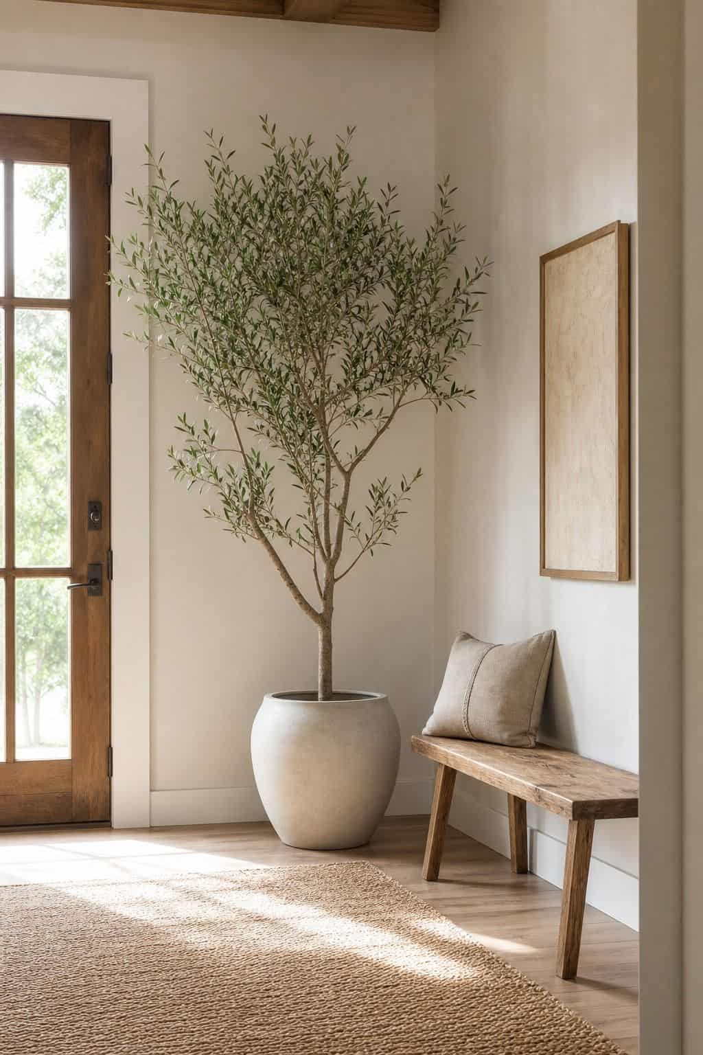 One Indoor Tree shown as a realistic Pretty Wild World image for 16 Zen Home Entrance Decor Ideas for a Calm First Impression.