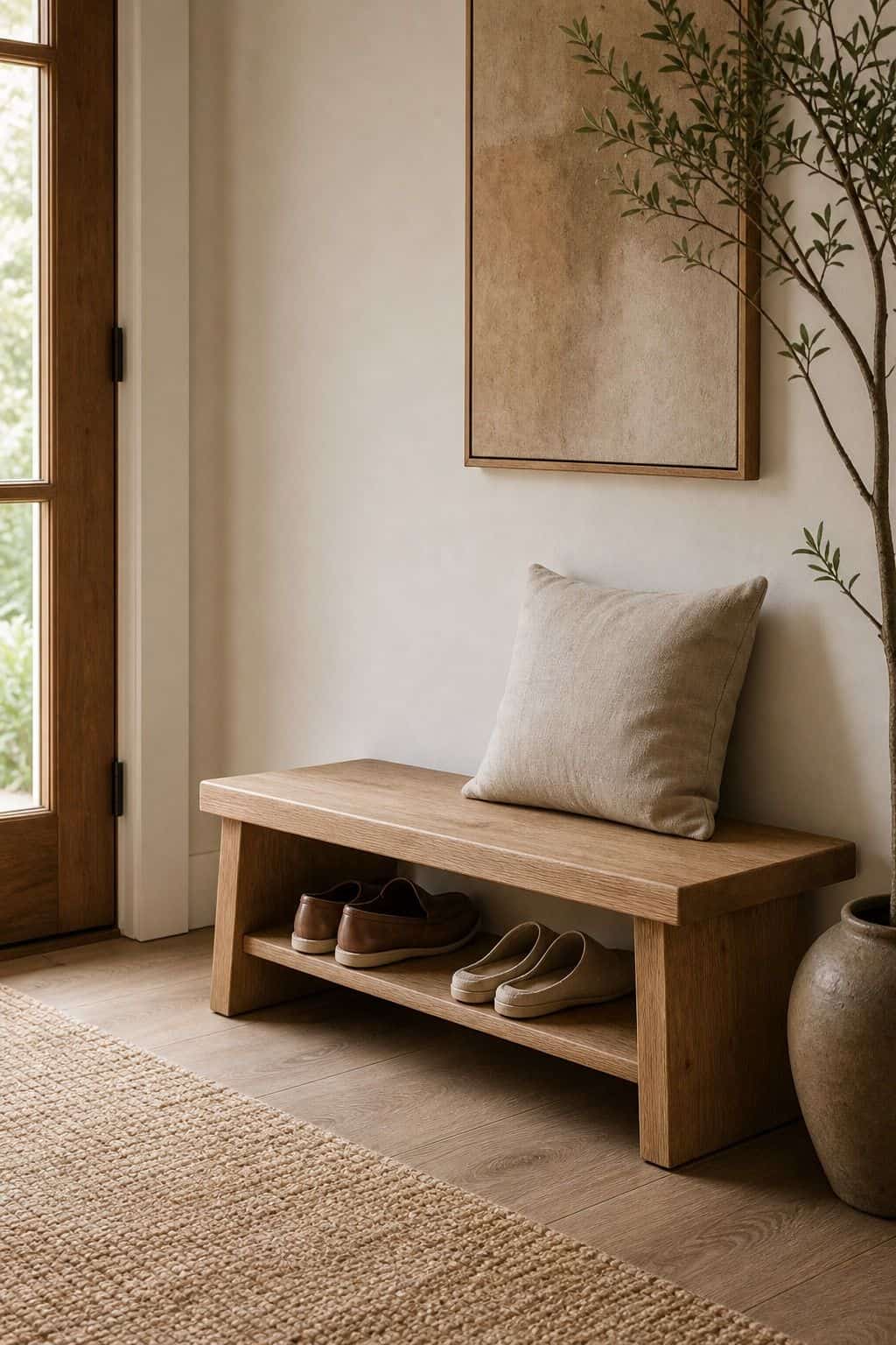Low Bench for Shoes shown as a realistic Pretty Wild World image for 16 Zen Home Entrance Decor Ideas for a Calm First Impression.