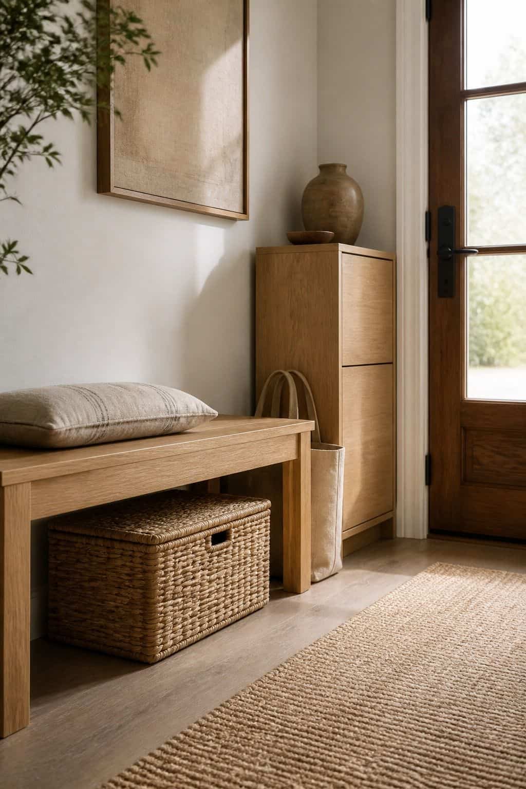 Hidden Bag Storage shown as a realistic Pretty Wild World image for 16 Zen Home Entrance Decor Ideas for a Calm First Impression.