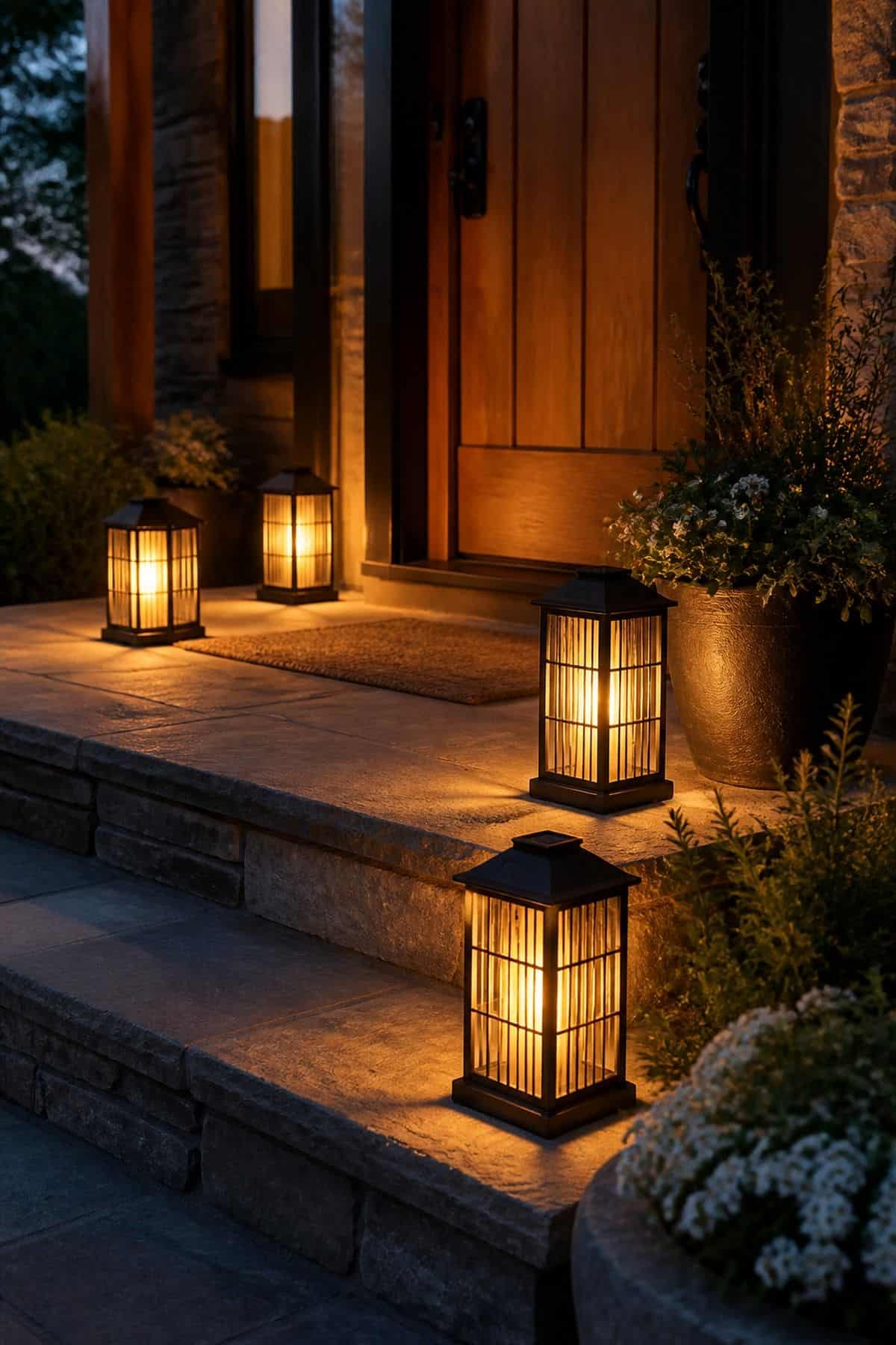 Warm Solar Lanterns shown as a realistic Pretty Wild World image for 16 Zen Porch Home Decor Ideas for a Calm Outdoor Landing.