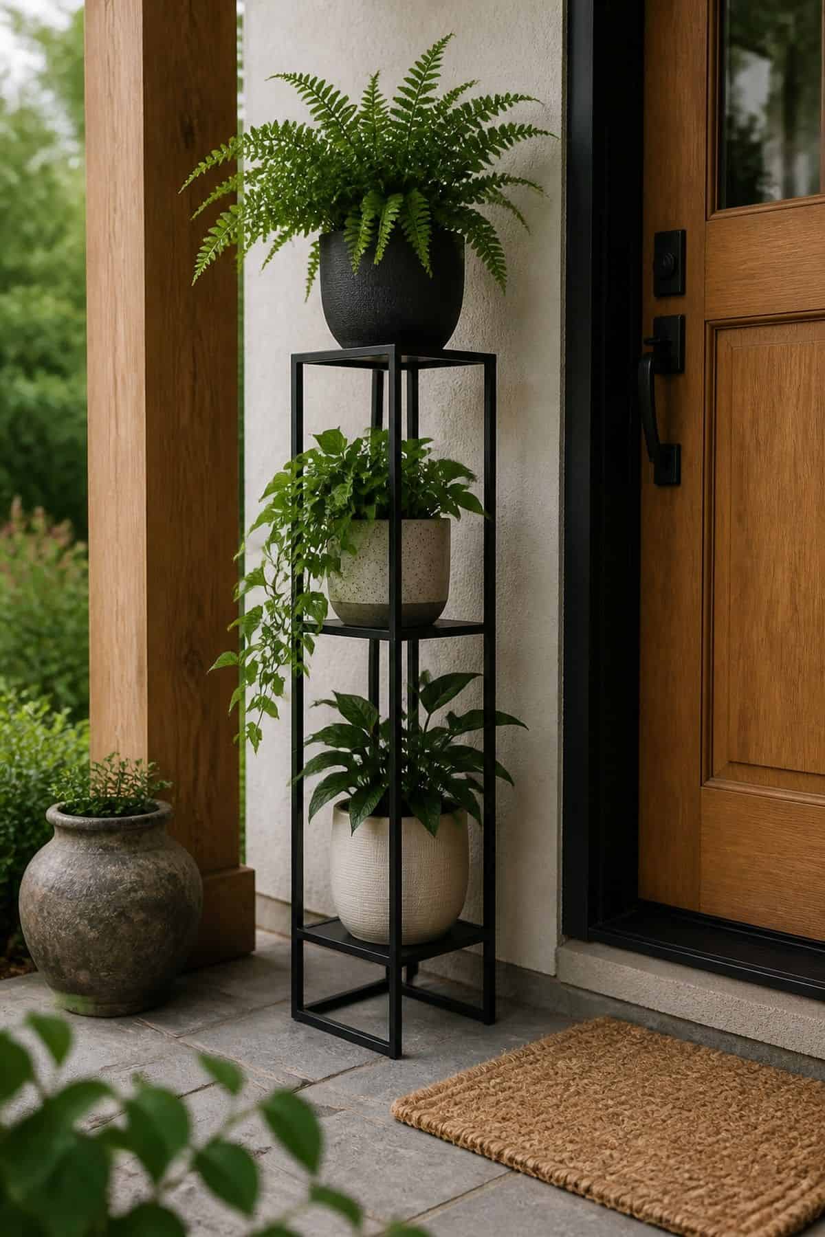 Black Plant Stand shown as a realistic Pretty Wild World image for 16 Zen Porch Home Decor Ideas for a Calm Outdoor Landing.