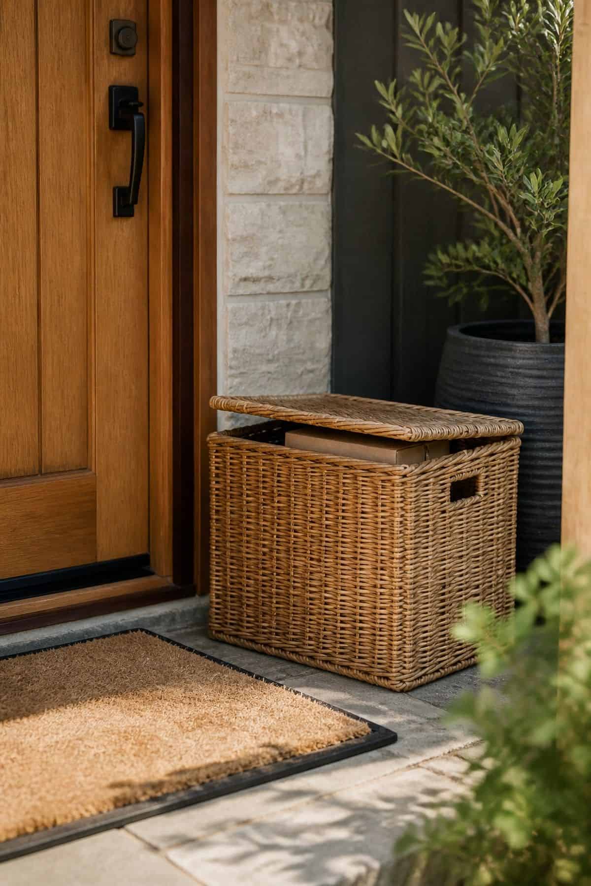 Hidden Package Basket shown as a realistic Pretty Wild World image for 16 Zen Porch Home Decor Ideas for a Calm Outdoor Landing.