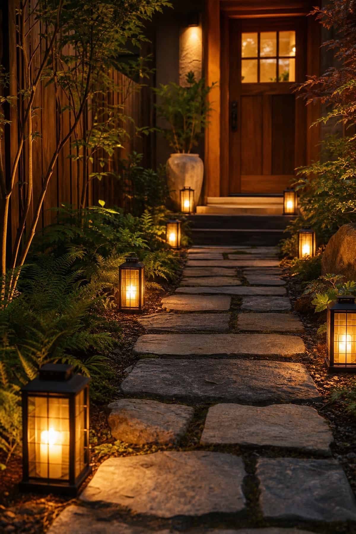 Lantern Path to the Door shown as a realistic Pretty Wild World image for 16 Zen Porch Home Decor Ideas for a Calm Outdoor Landing.