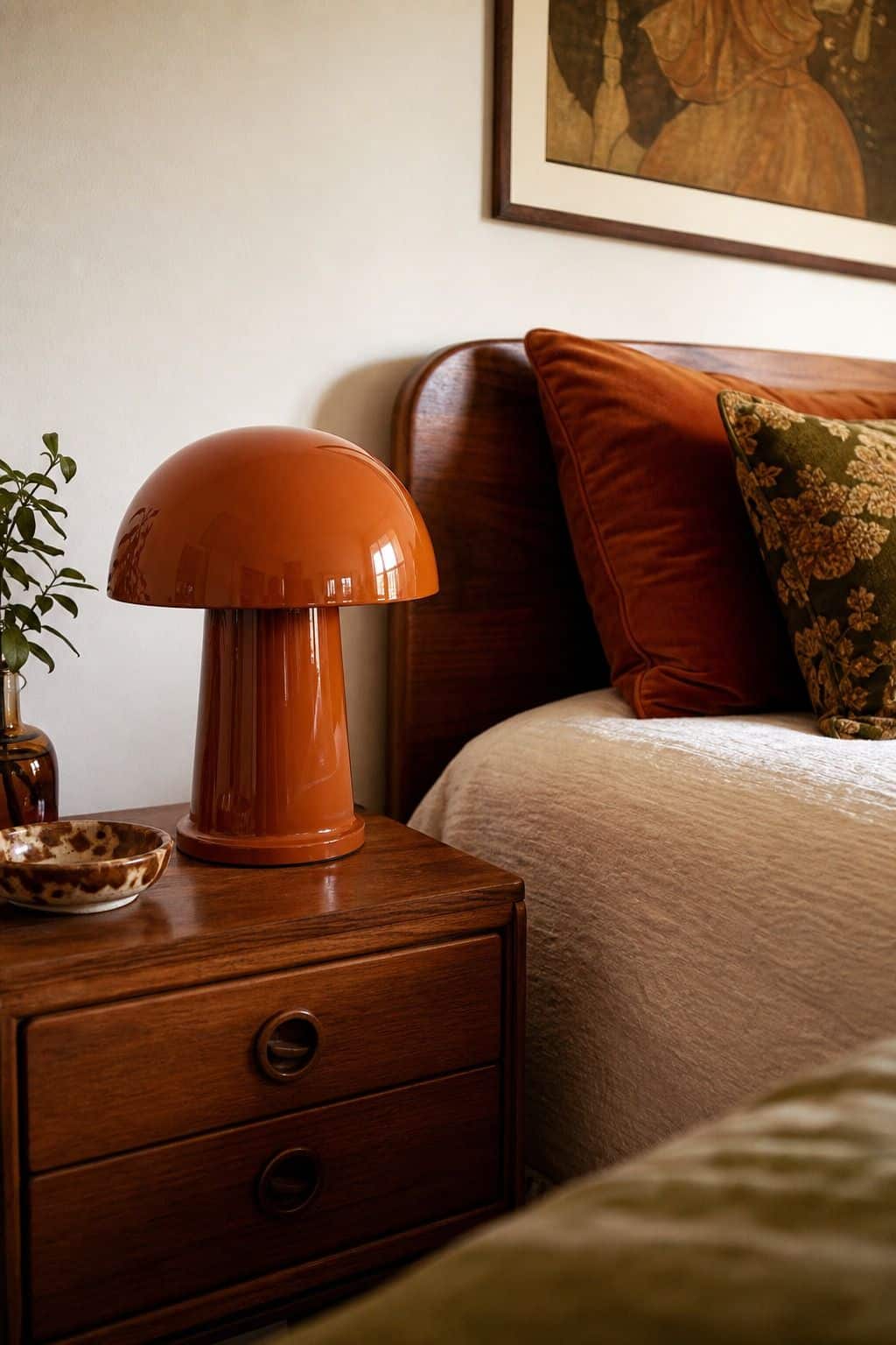Mushroom Bedside Lamp shown as a realistic Pretty Wild World image for 15 70s Bedroom Decor Ideas for a Cozy Retro Retreat.