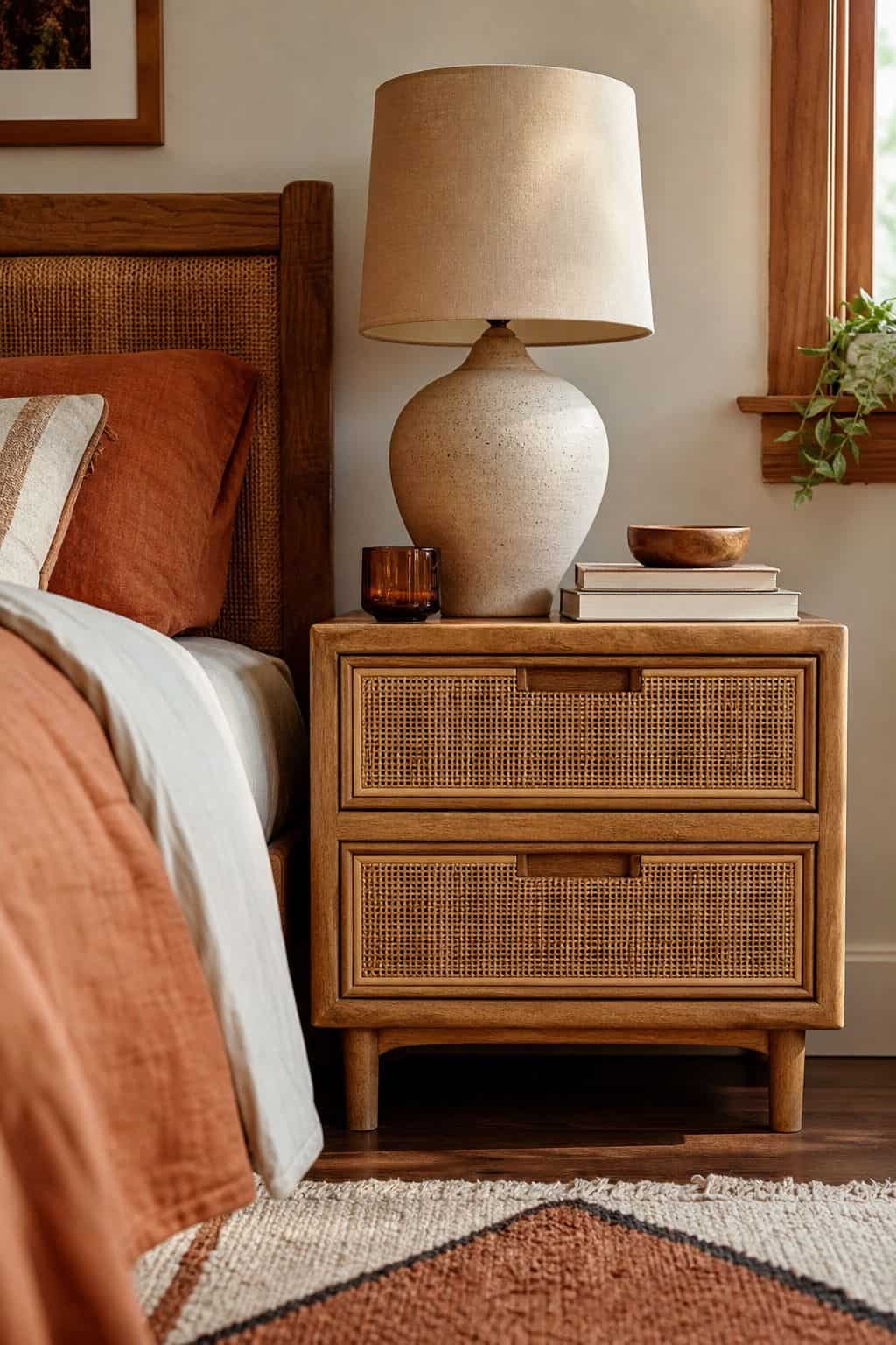 Rattan Nightstand shown as a realistic Pretty Wild World image for 15 70s Bedroom Decor Ideas for a Cozy Retro Retreat.