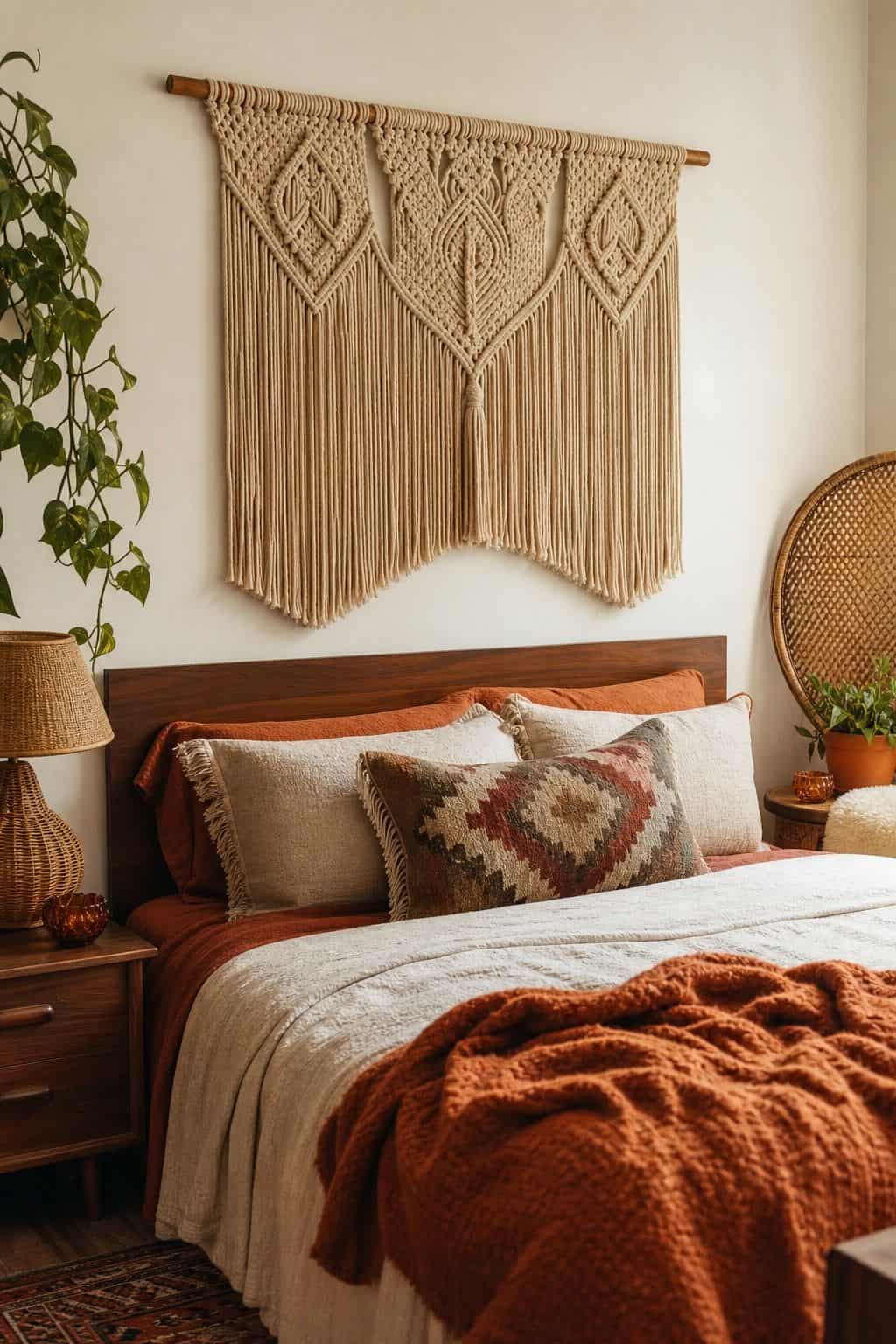Macrame Above the Bed shown as a realistic Pretty Wild World image for 15 70s Bedroom Decor Ideas for a Cozy Retro Retreat.