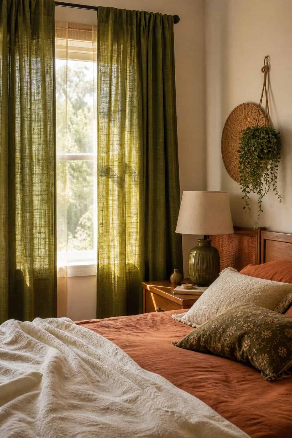Olive Curtains shown as a realistic Pretty Wild World image for 15 70s Bedroom Decor Ideas for a Cozy Retro Retreat.