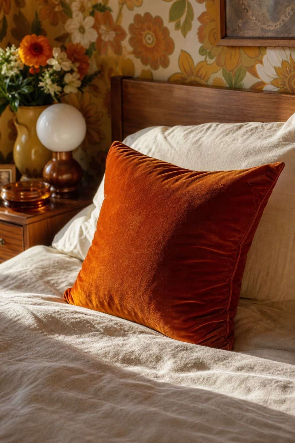 Velvet Throw Pillow shown as a realistic Pretty Wild World image for 15 70s Bedroom Decor Ideas for a Cozy Retro Retreat.