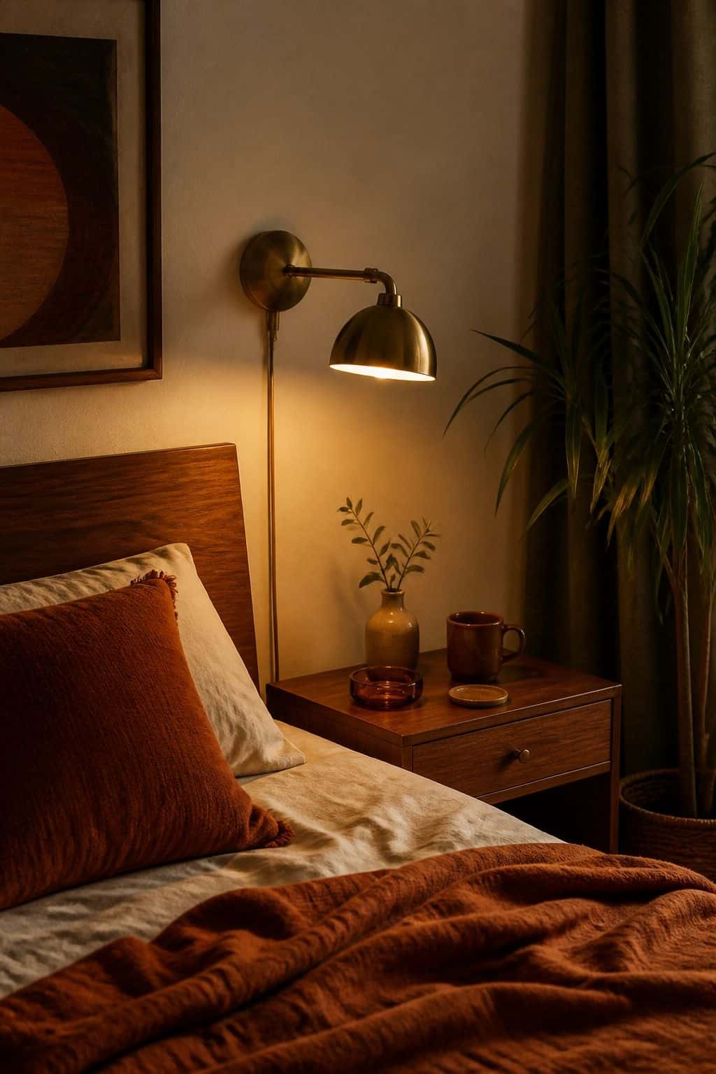 Warm Reading Light shown as a realistic Pretty Wild World image for 15 70s Bedroom Decor Ideas for a Cozy Retro Retreat.