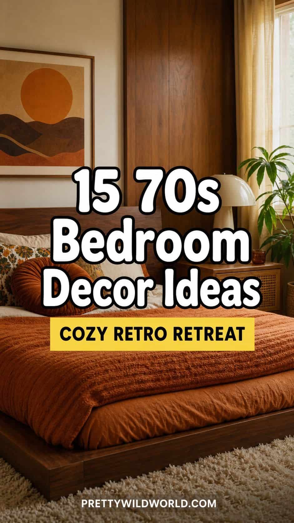 Pinterest pin for 15 70s Bedroom Decor Ideas for a Cozy Retro Retreat from Pretty Wild World.
