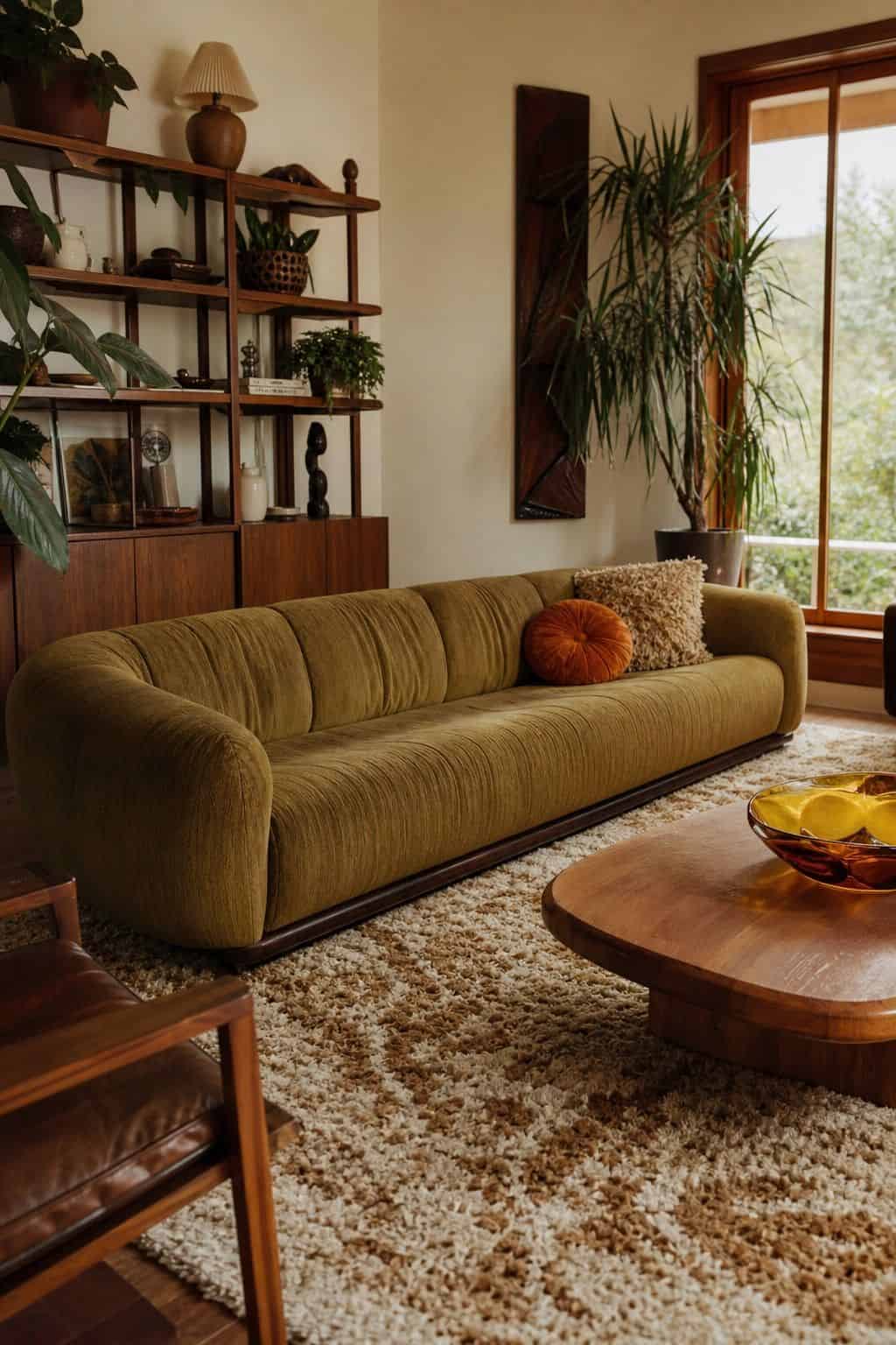 Low Sofa Shape shown as a realistic Pretty Wild World image for 15 70s Living Room Decor Ideas for a Warm Retro Hangout.